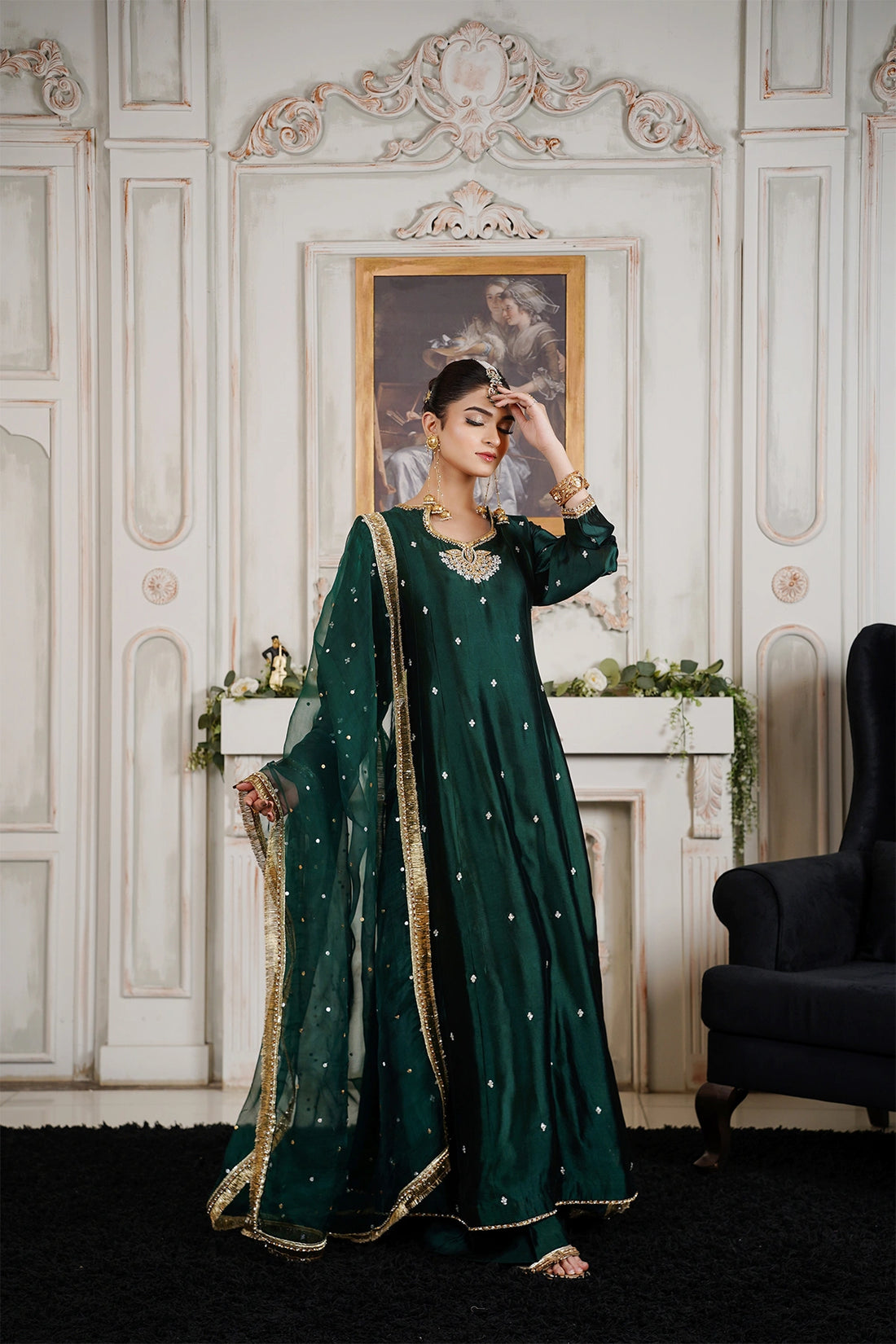 Nayab emerald green sheesha silk formal Anarkali with palazzo and organza dupatta by MariamRaj