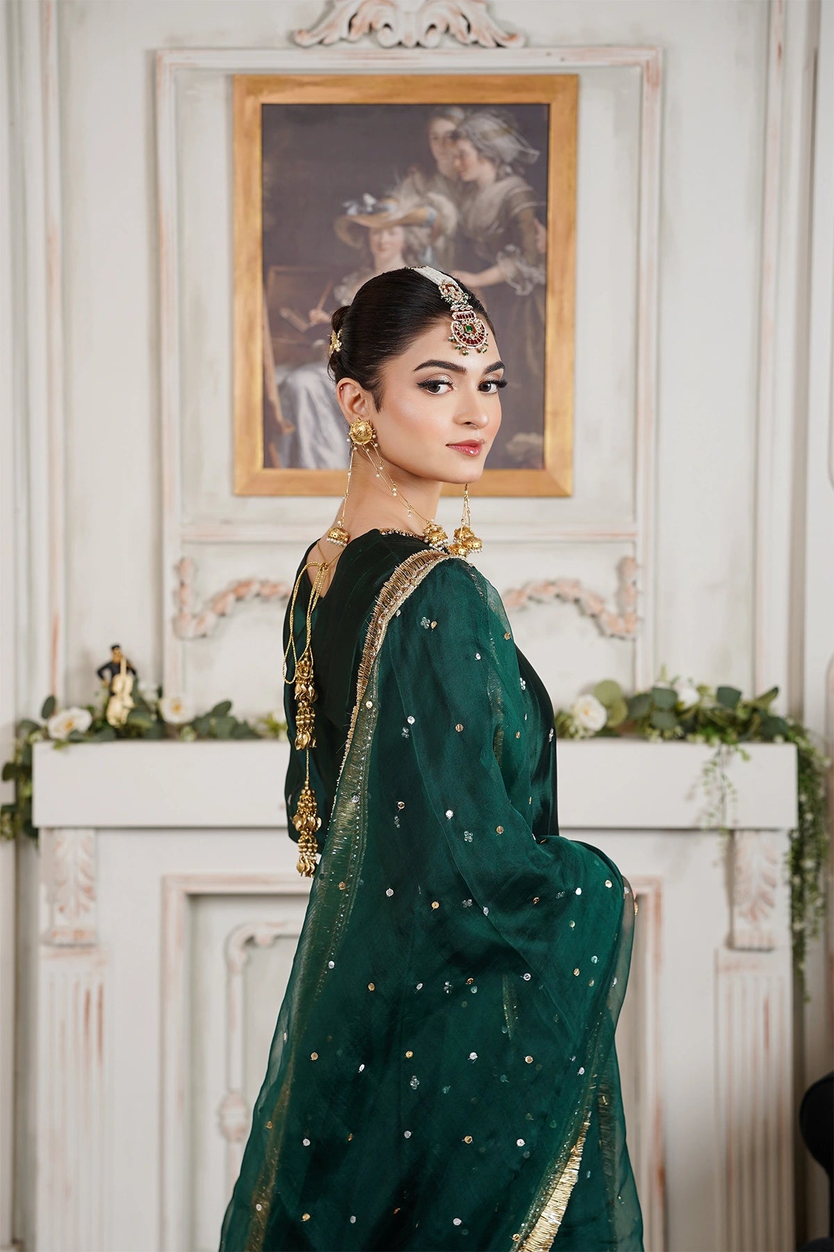 Nayab emerald green sheesha silk formal Anarkali with palazzo and organza dupatta by MariamRaj