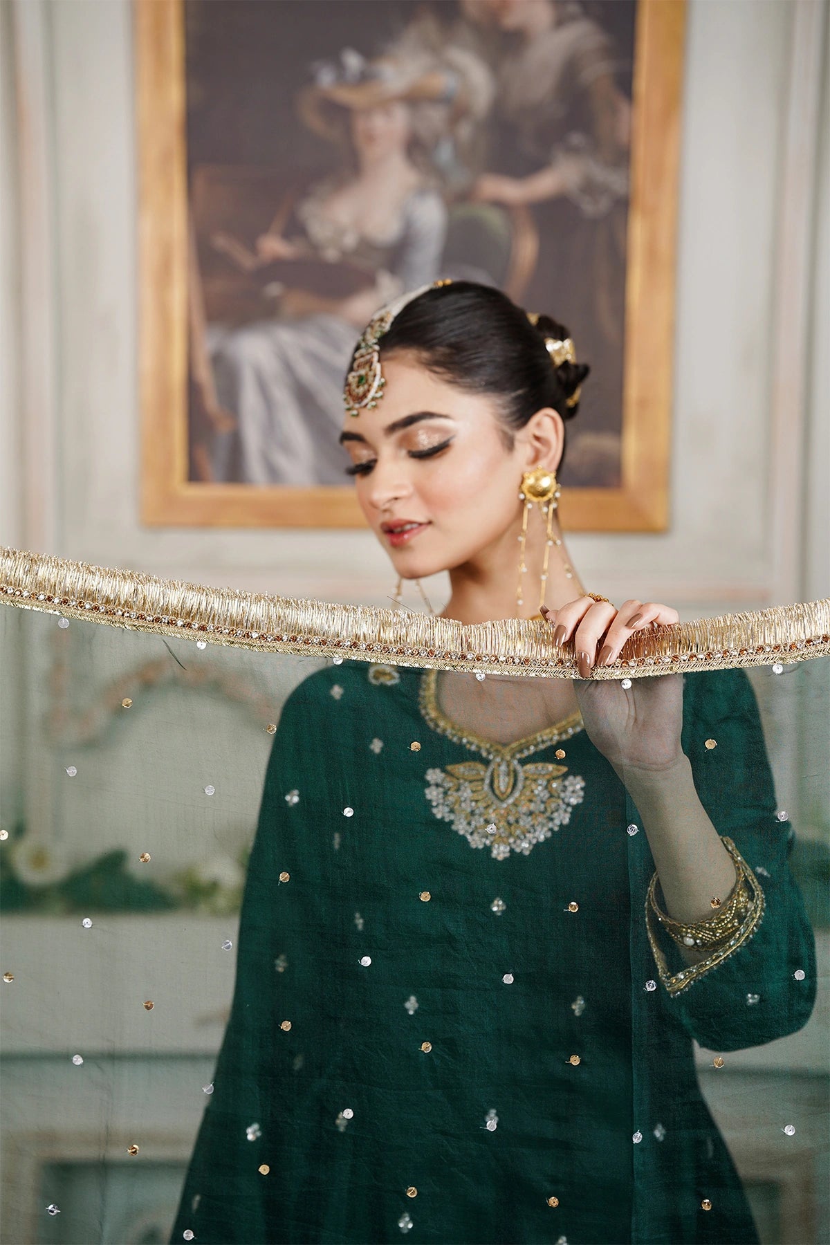 Nayab emerald green sheesha silk formal Anarkali with palazzo and organza dupatta by MariamRaj