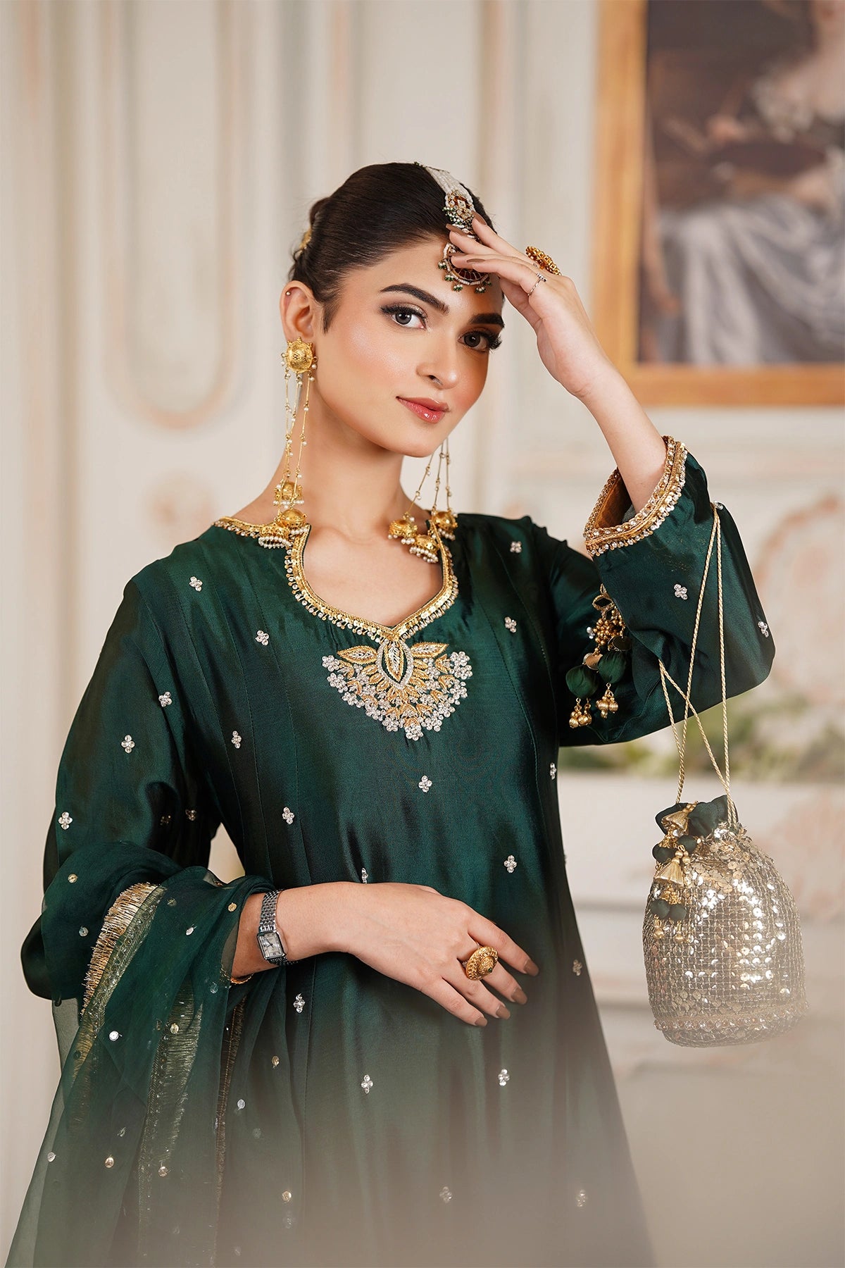 Nayab emerald green sheesha silk formal Anarkali with palazzo and organza dupatta by MariamRaj