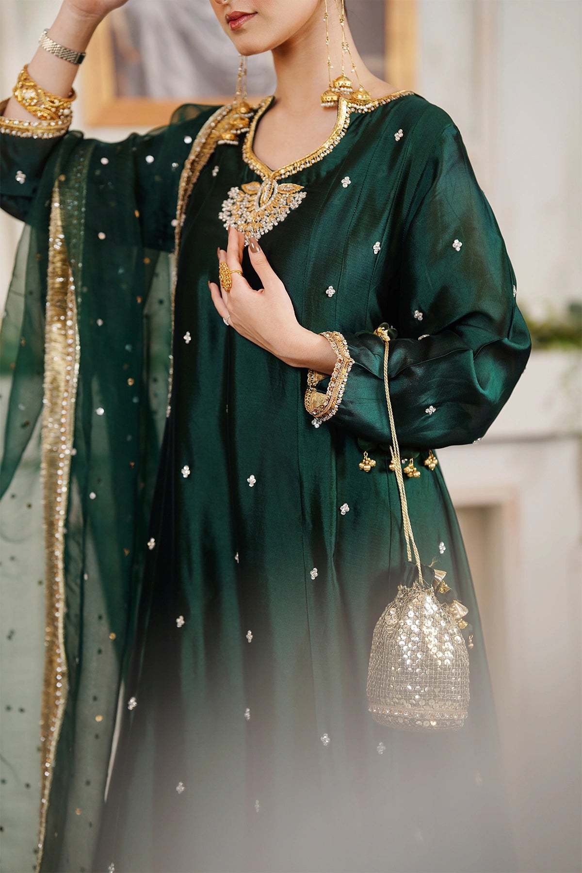 Nayab emerald green sheesha silk formal Anarkali with palazzo and organza dupatta by MariamRaj