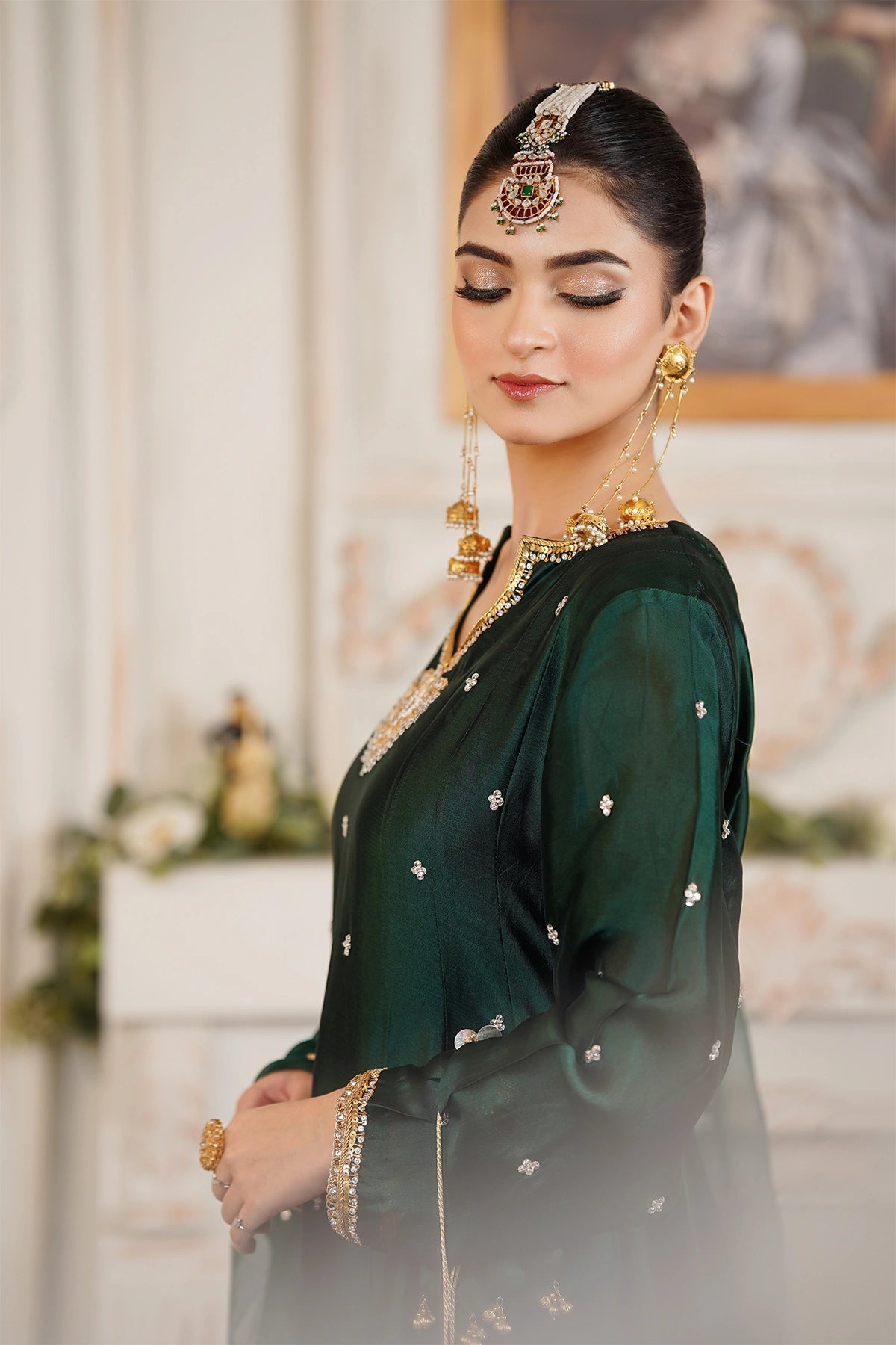 Nayab emerald green sheesha silk formal Anarkali with palazzo and organza dupatta by MariamRaj