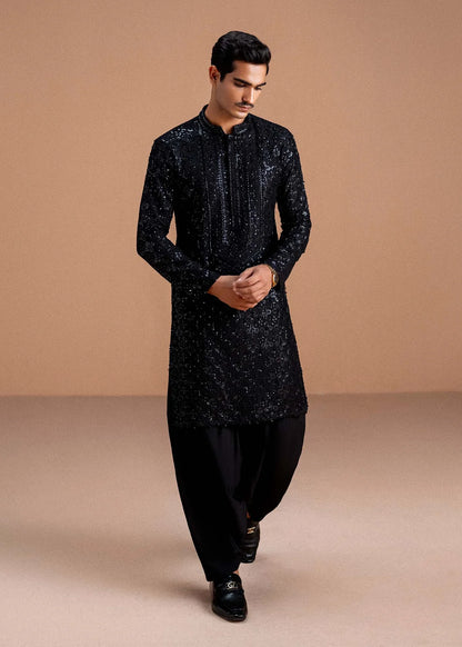 Nayal men’s ink black silk kurta with matching shalwar – Pakistanimoda