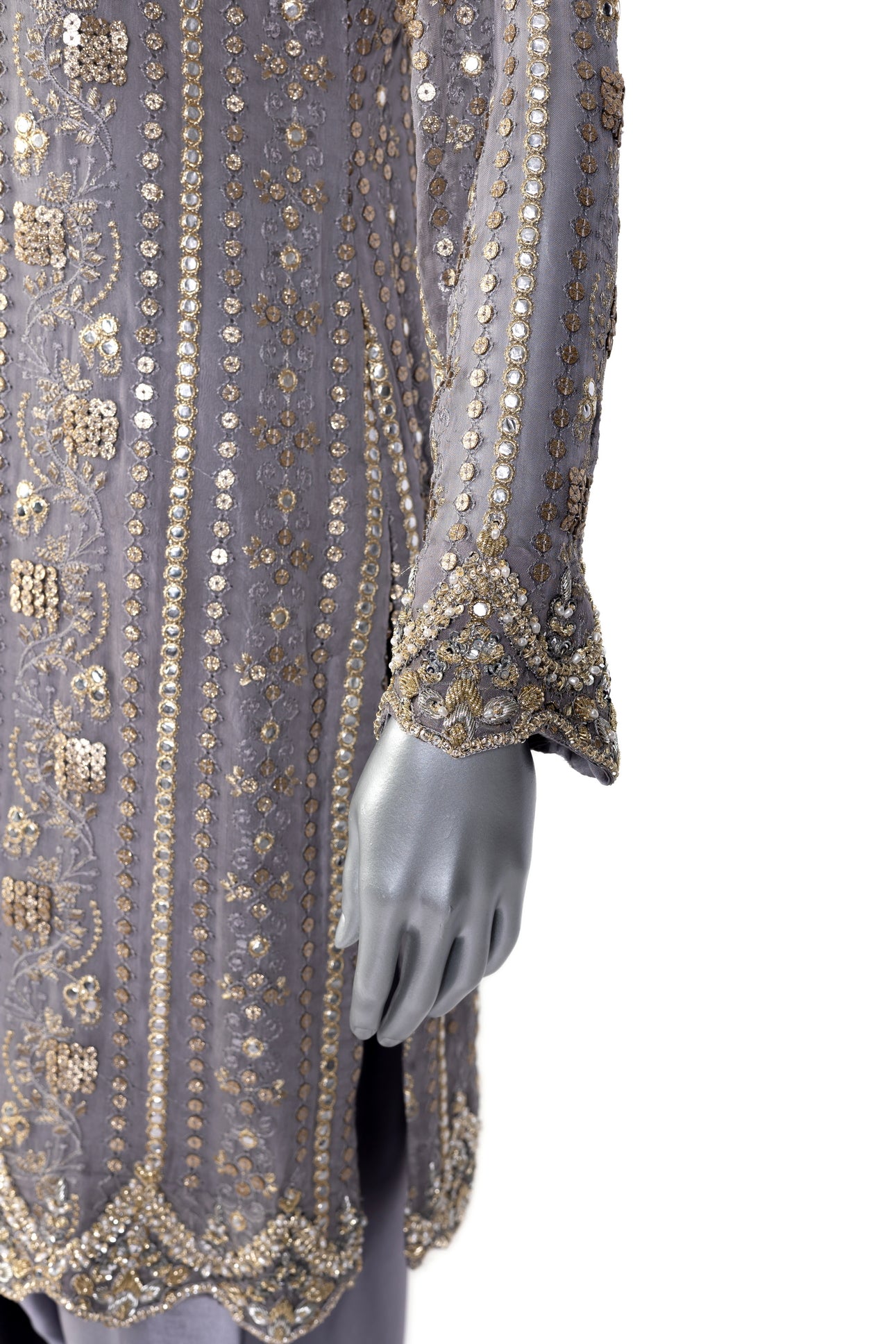 Nayla Designer Party Wear Dress by MariamRaj: Grey chiffon shirt, sheesha silk shalwar, and organza dupatta with intricate hand embroidery for weddings & evening events