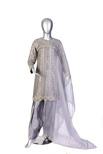 Nayla Designer Party Wear Dress by MariamRaj: Grey chiffon shirt, sheesha silk shalwar, and organza dupatta with intricate hand embroidery for weddings & evening events