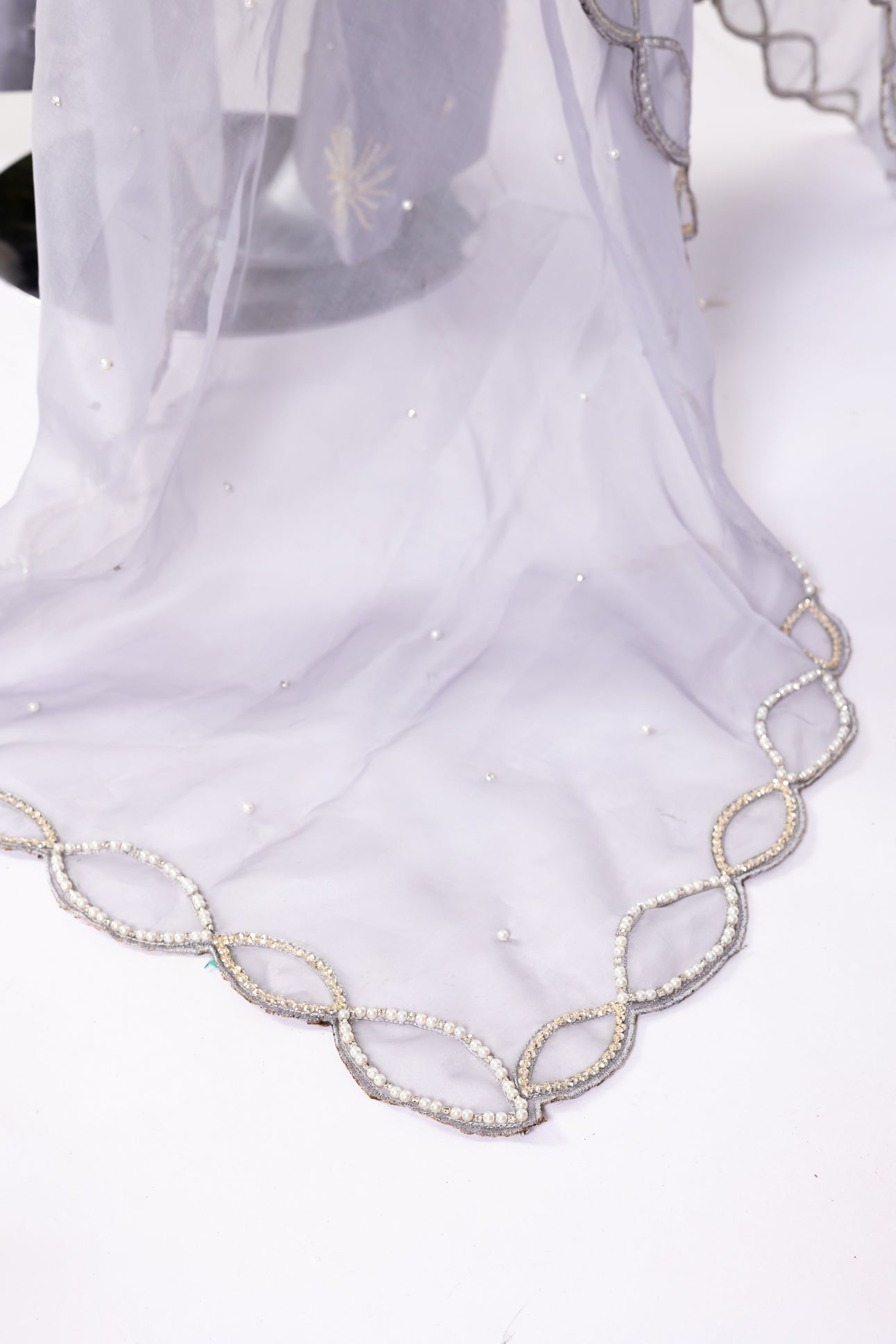 Nayla Designer Party Wear Dress by MariamRaj: Grey chiffon shirt, sheesha silk shalwar, and organza dupatta with intricate hand embroidery for weddings & evening events