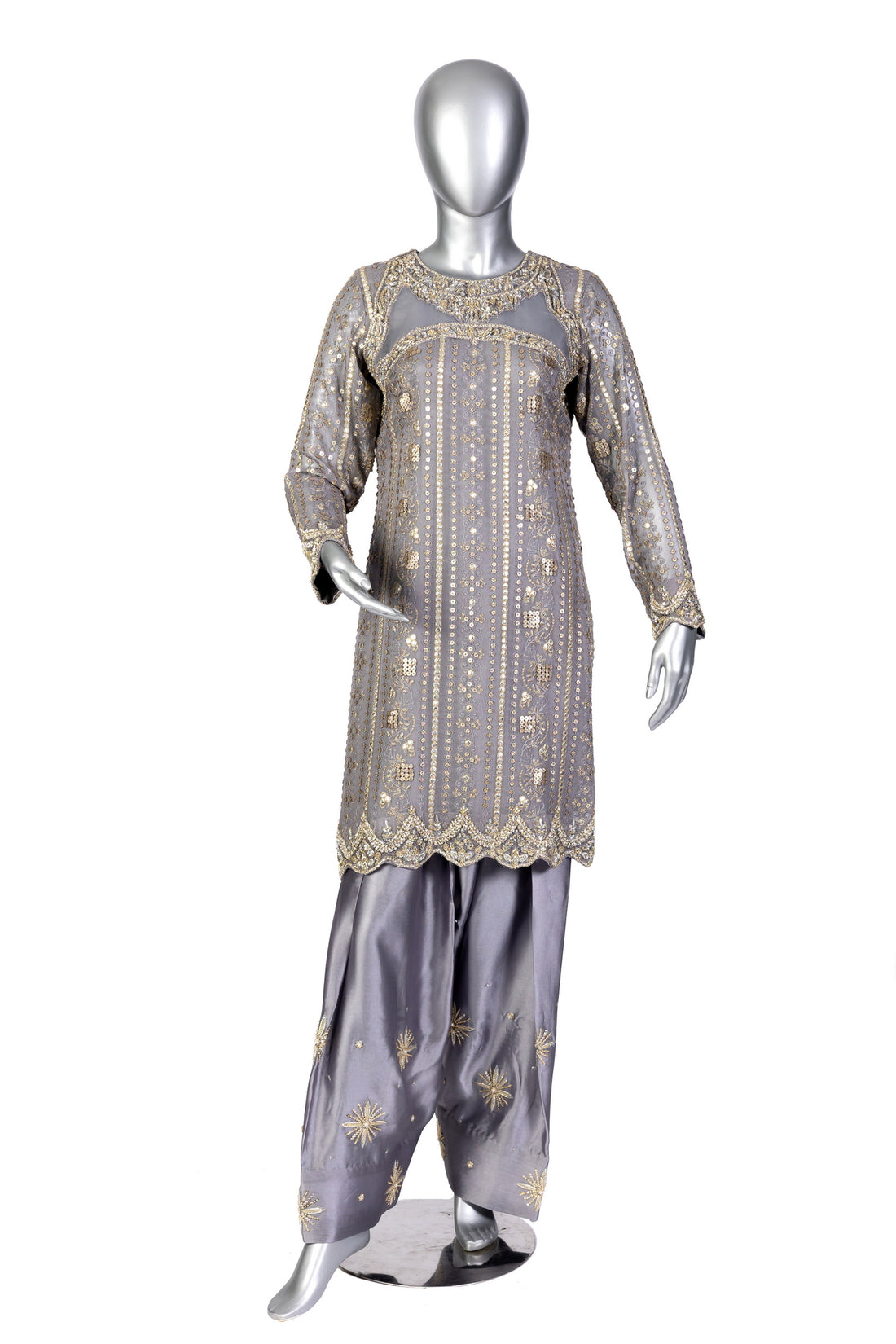 Nayla Designer Party Wear Dress by MariamRaj: Grey chiffon shirt, sheesha silk shalwar, and organza dupatta with intricate hand embroidery for weddings & evening events