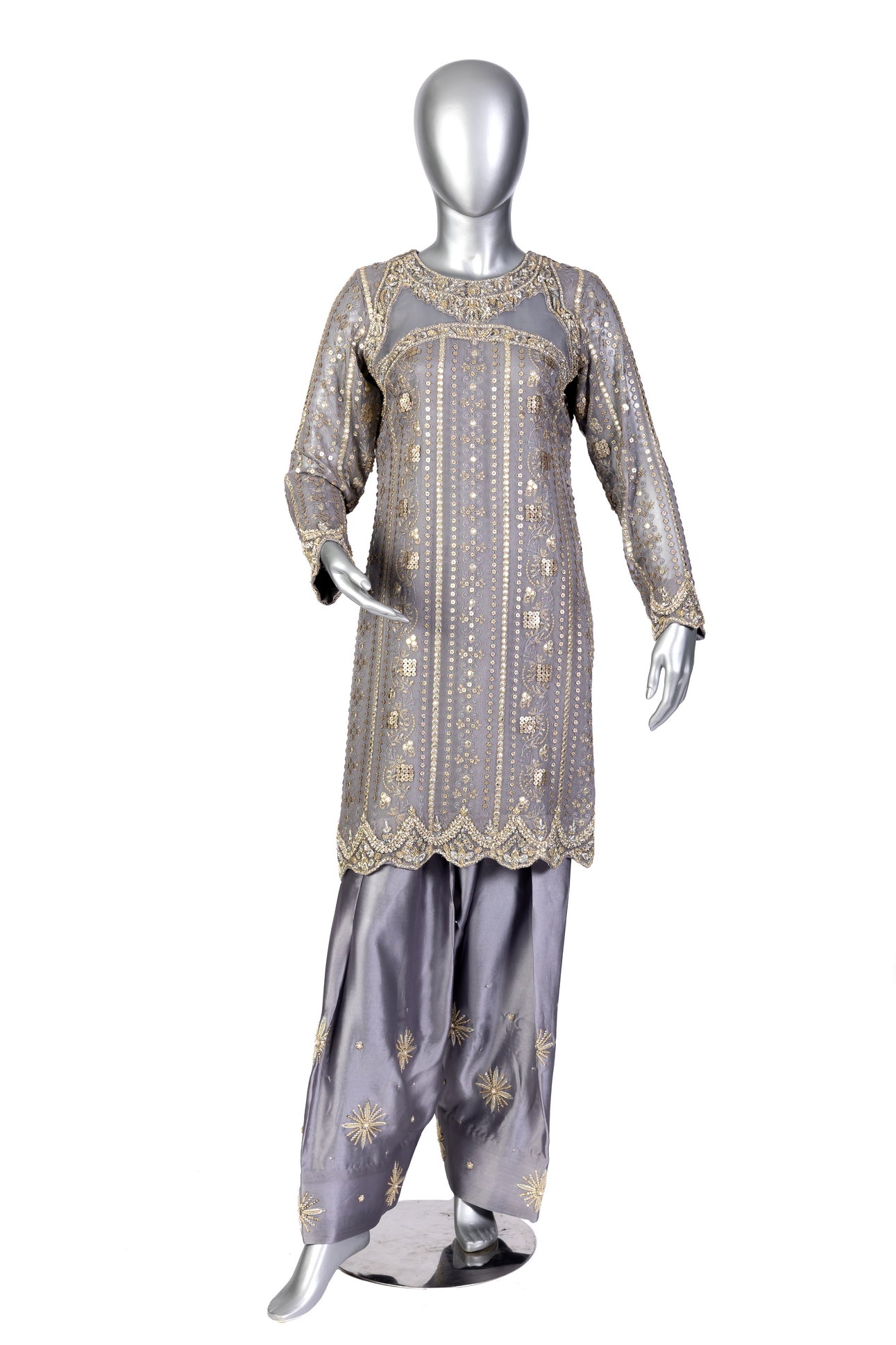 Nayla Designer Party Wear Dress by MariamRaj: Grey chiffon shirt, sheesha silk shalwar, and organza dupatta with intricate hand embroidery for weddings & evening events