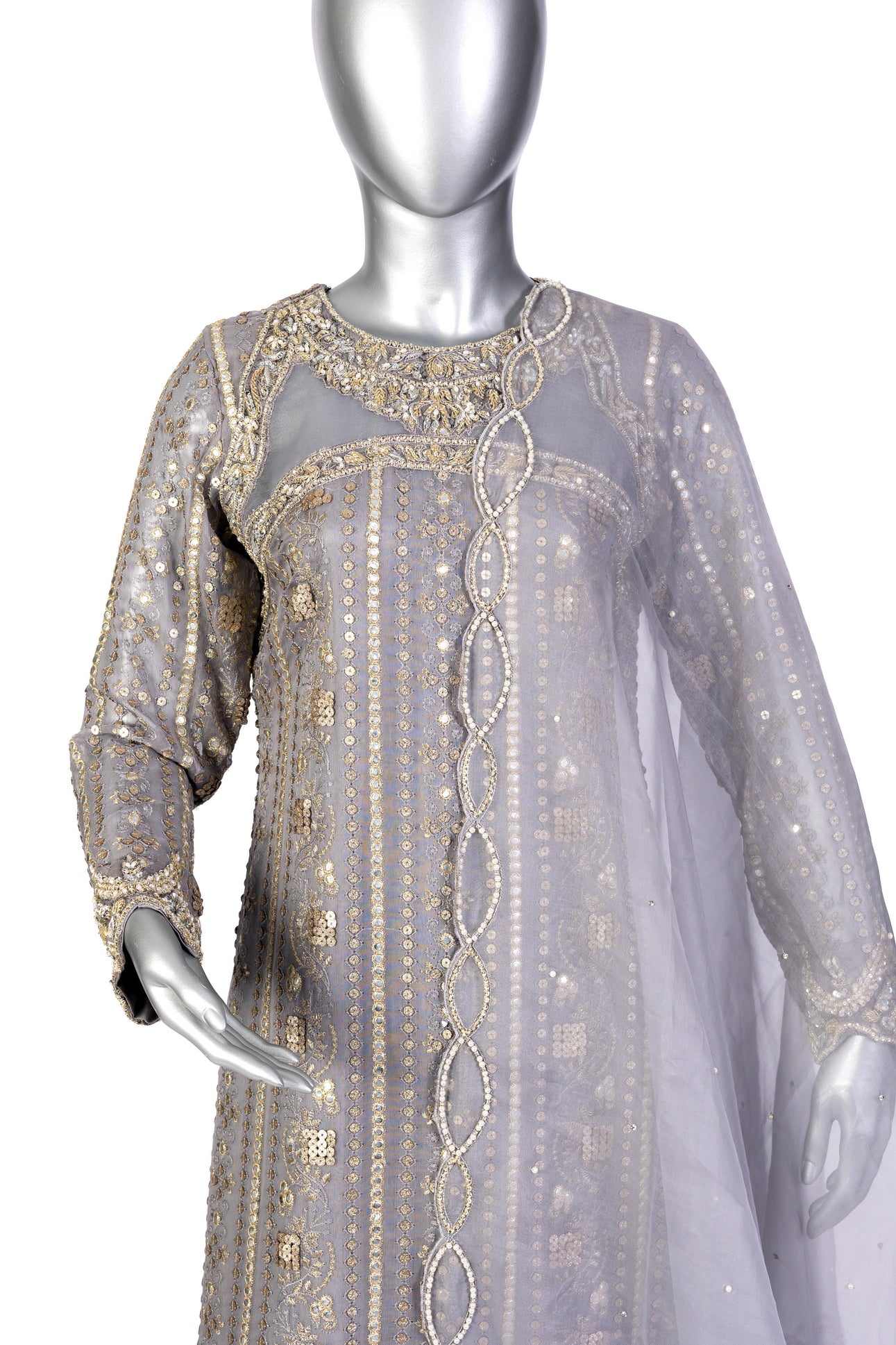 Nayla Designer Party Wear Dress by MariamRaj: Grey chiffon shirt, sheesha silk shalwar, and organza dupatta with intricate hand embroidery for weddings & evening events