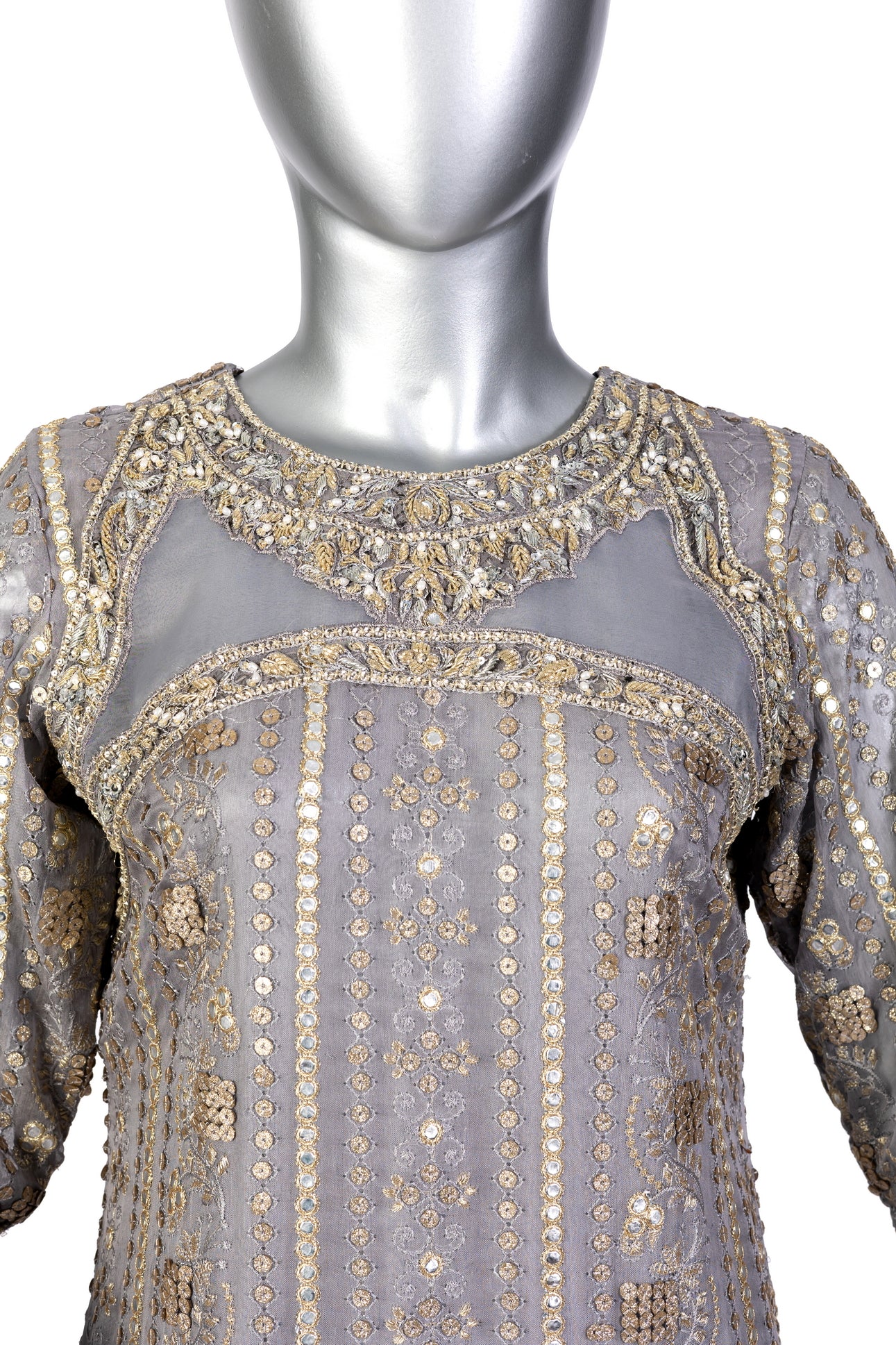 Nayla Designer Party Wear Dress by MariamRaj: Grey chiffon shirt, sheesha silk shalwar, and organza dupatta with intricate hand embroidery for weddings & evening events