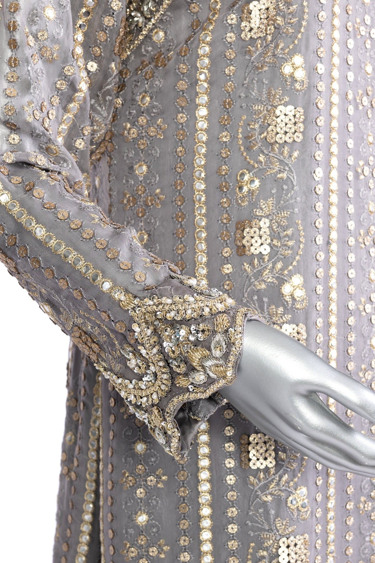 Nayla Designer Party Wear Dress by MariamRaj: Grey chiffon shirt, sheesha silk shalwar, and organza dupatta with intricate hand embroidery for weddings & evening events