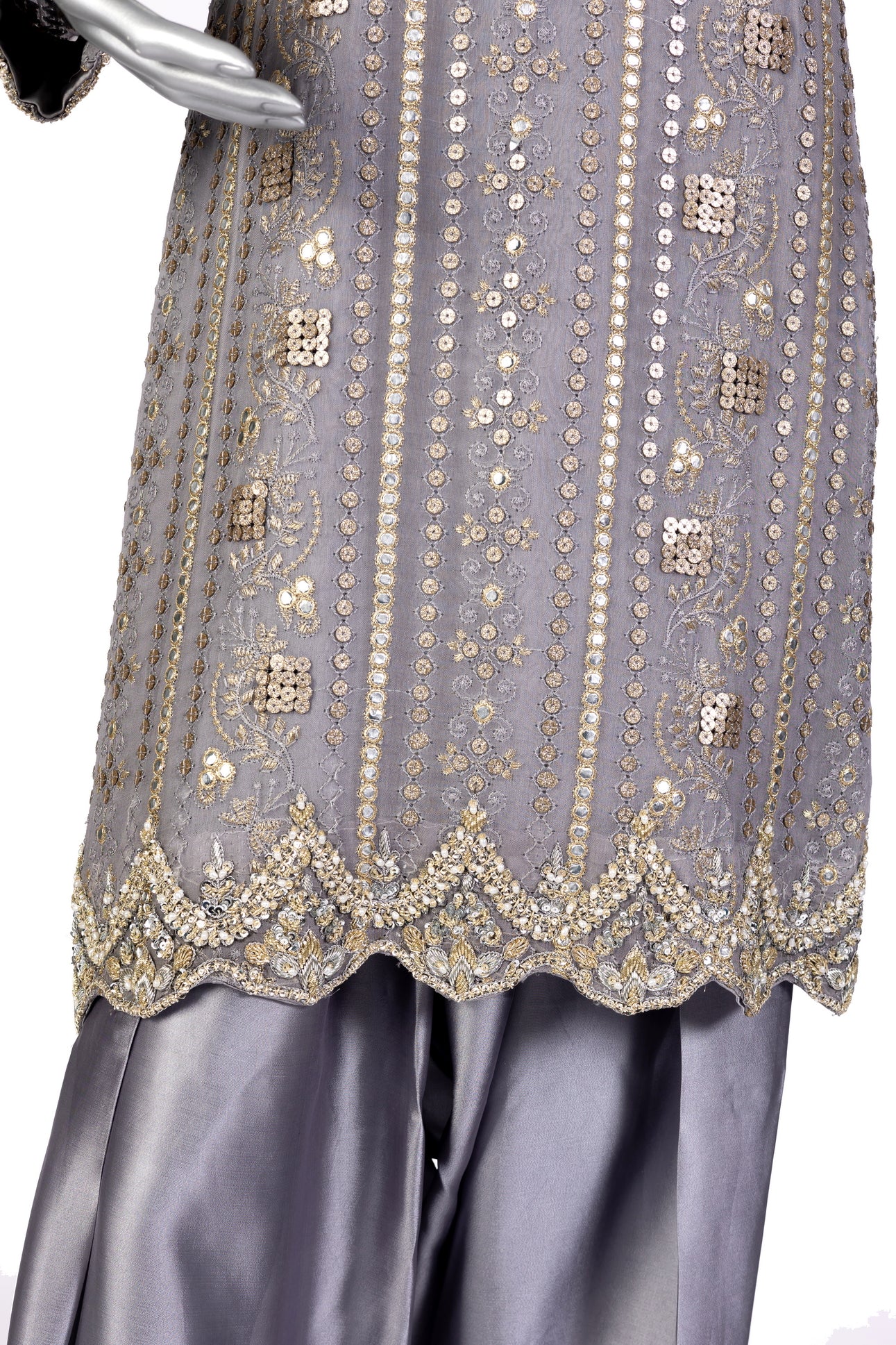 Nayla Designer Party Wear Dress by MariamRaj: Grey chiffon shirt, sheesha silk shalwar, and organza dupatta with intricate hand embroidery for weddings & evening events