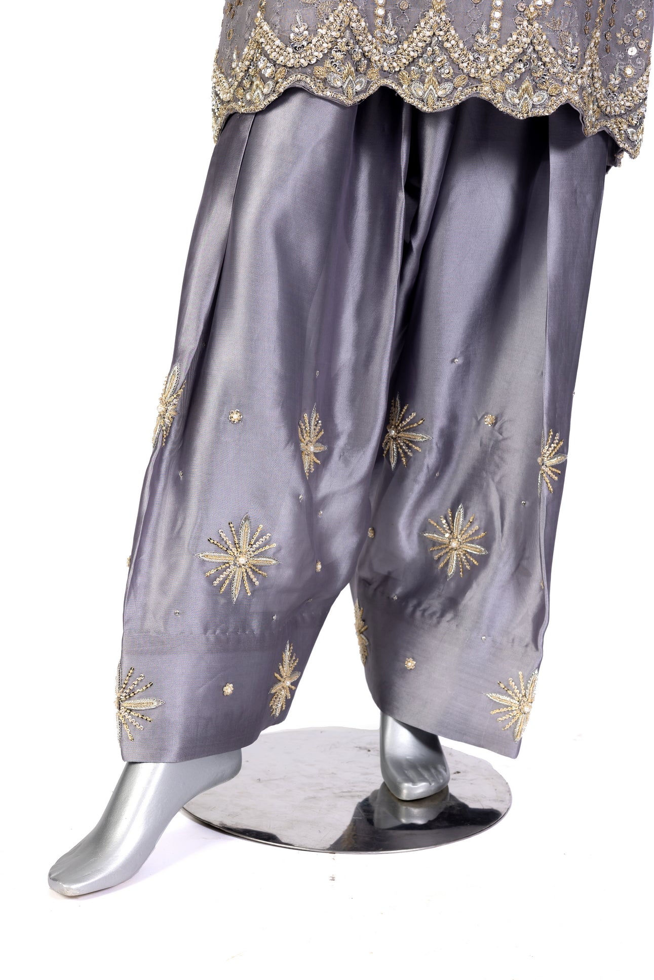 Nayla Designer Party Wear Dress by MariamRaj: Grey chiffon shirt, sheesha silk shalwar, and organza dupatta with intricate hand embroidery for weddings & evening events