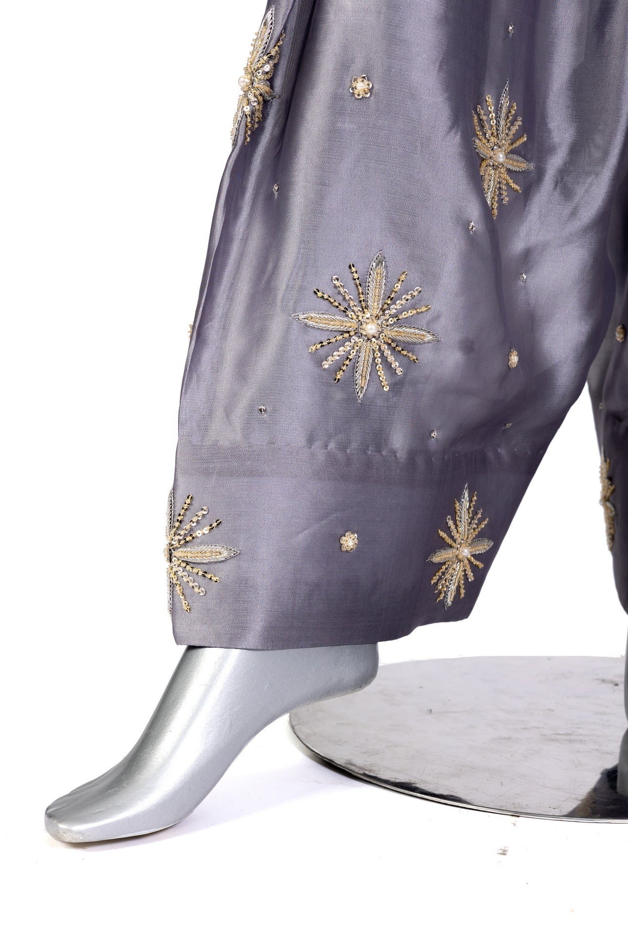 Nayla Designer Party Wear Dress by MariamRaj: Grey chiffon shirt, sheesha silk shalwar, and organza dupatta with intricate hand embroidery for weddings & evening events