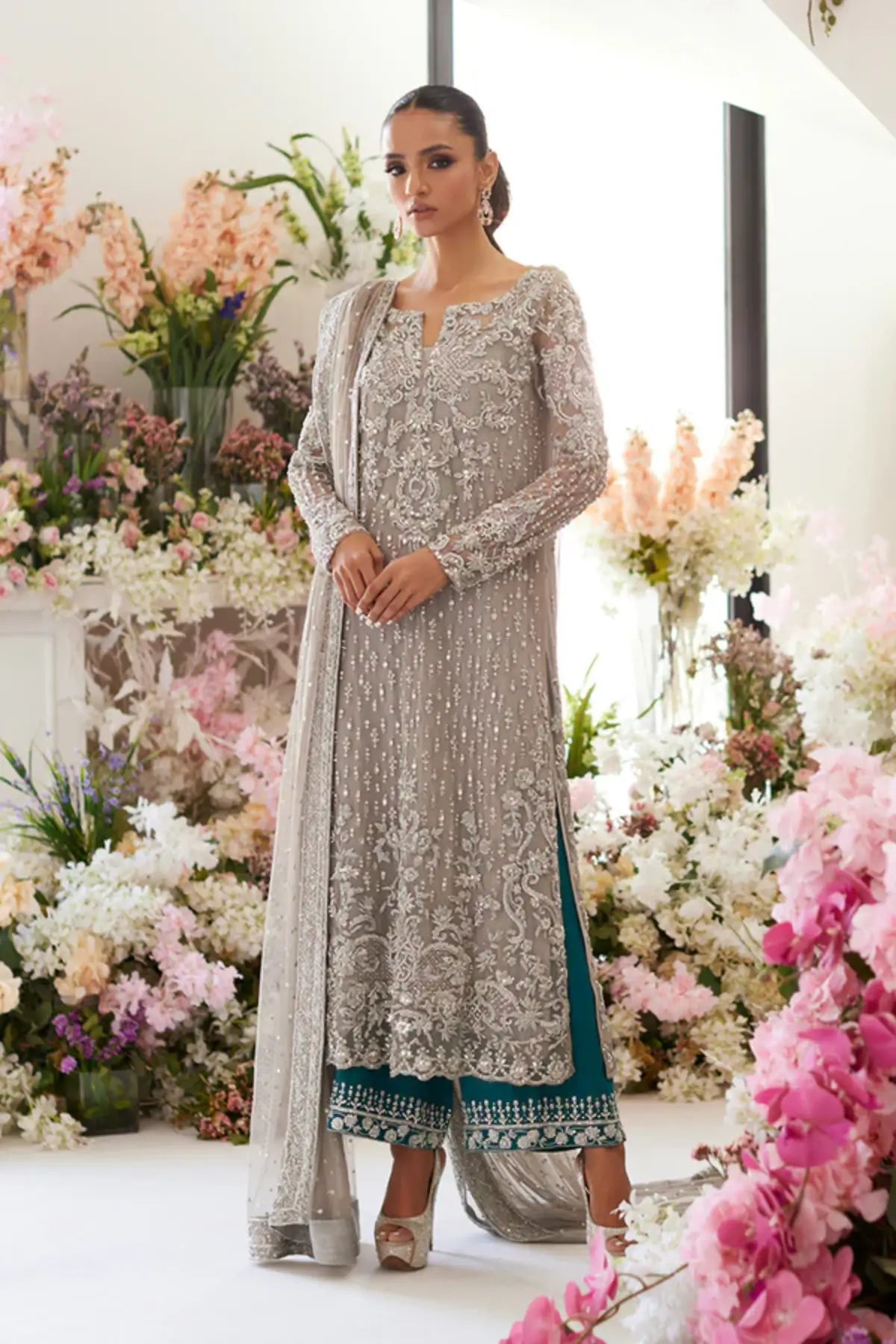 Nayna Grey Handmade Net Formal Shirt with Zardozi, Pearl and Crystal Embellishments, Teal Cotton Silk Ajaar Pants and Net Dupatta