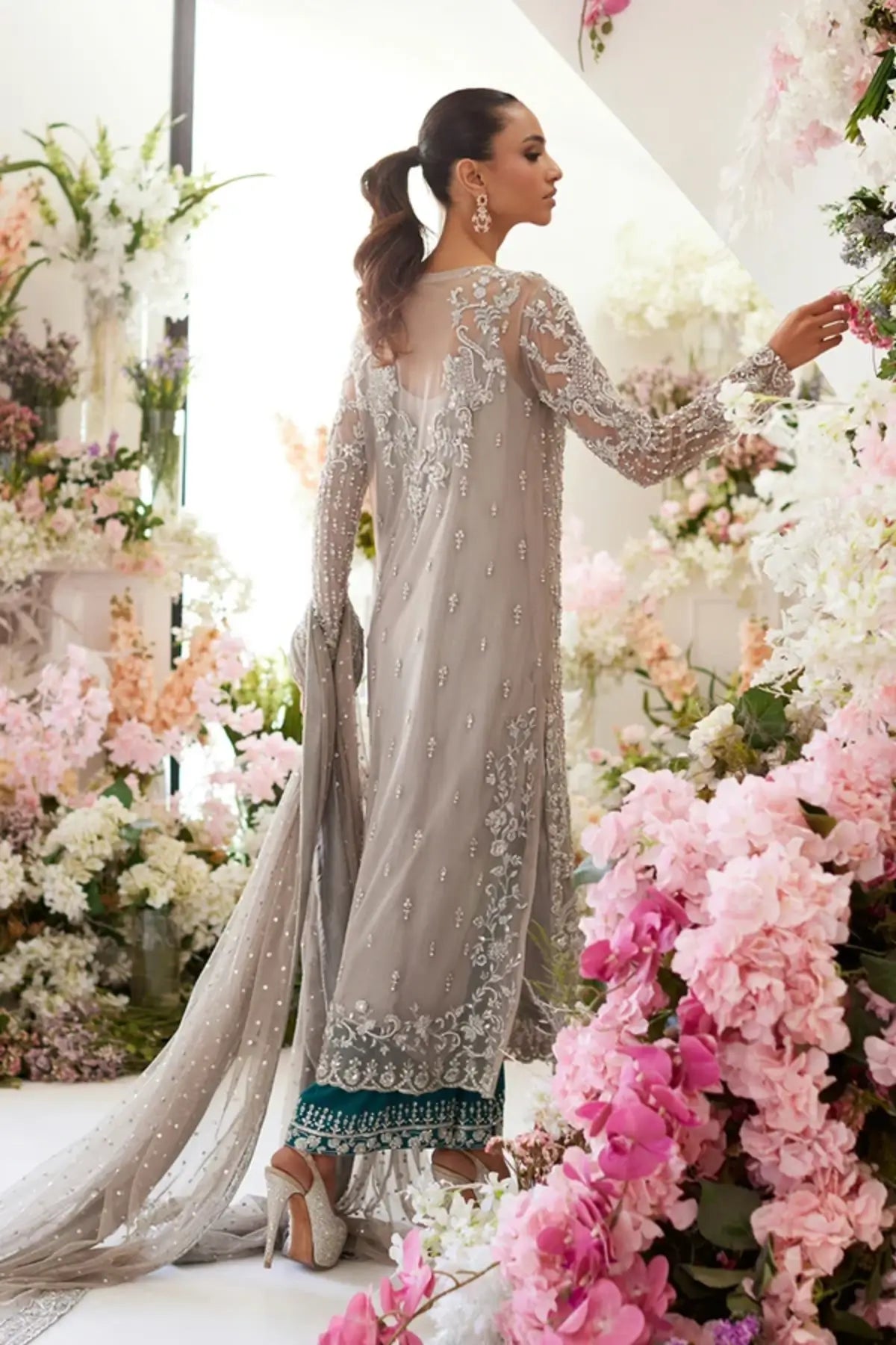Nayna Grey Handmade Net Formal Shirt with Zardozi, Pearl and Crystal Embellishments, Teal Cotton Silk Ajaar Pants and Net Dupatta