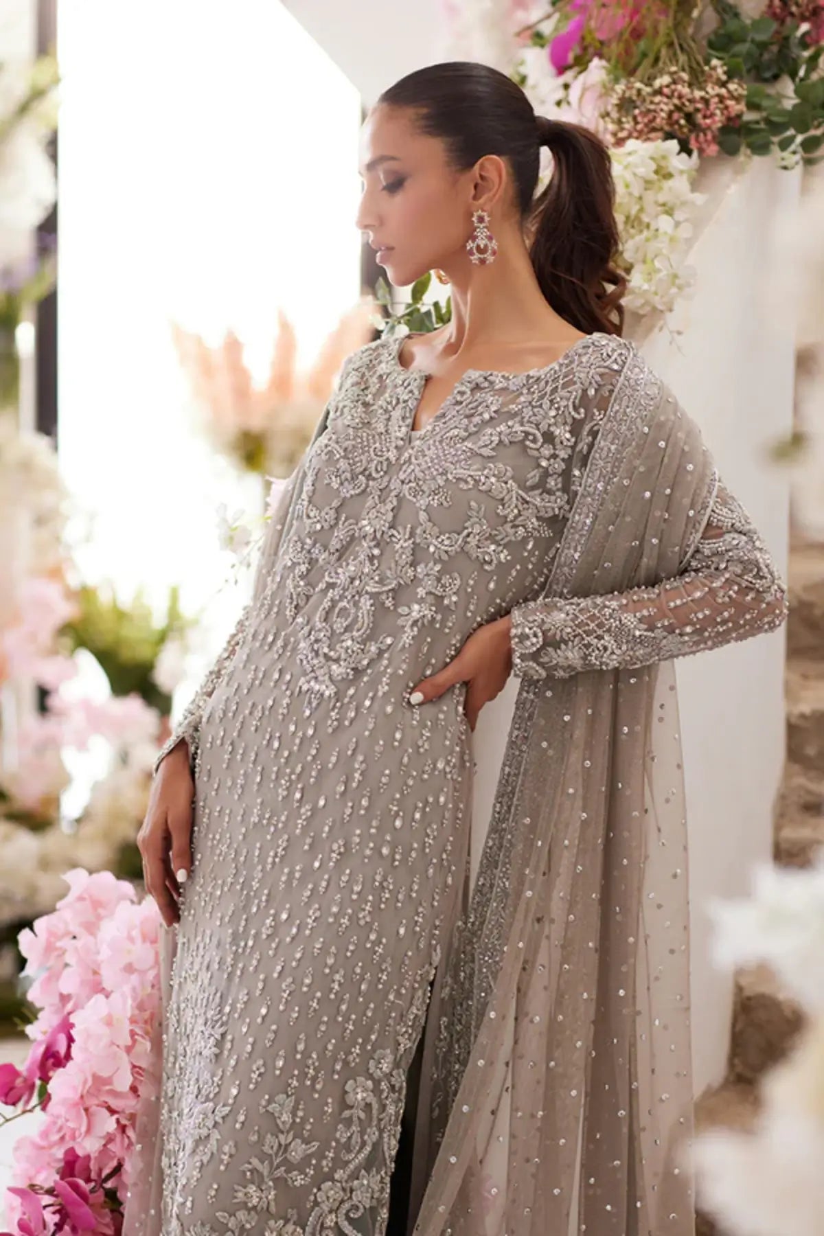 Nayna Grey Handmade Net Formal Shirt with Zardozi, Pearl and Crystal Embellishments, Teal Cotton Silk Ajaar Pants and Net Dupatta