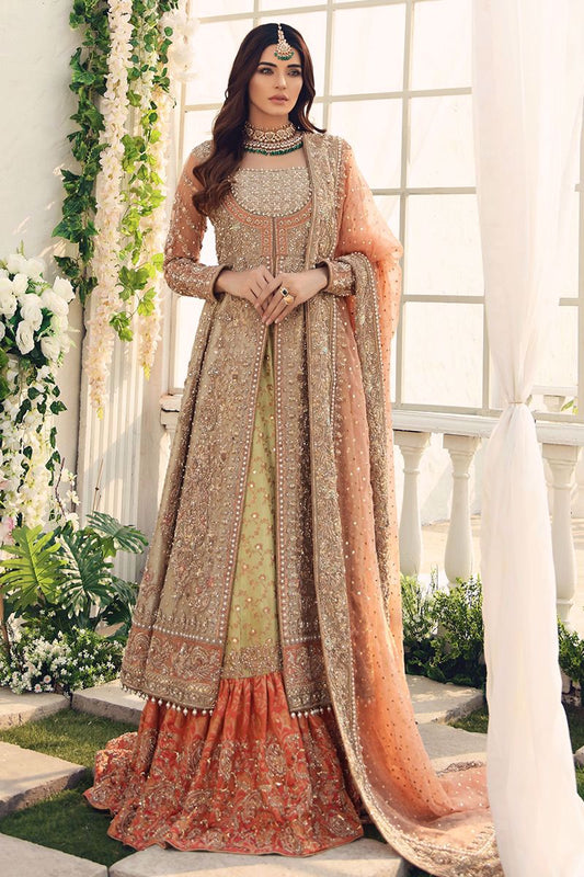 Nazneen- Designer Tissue gown paired with peach and green lehenga