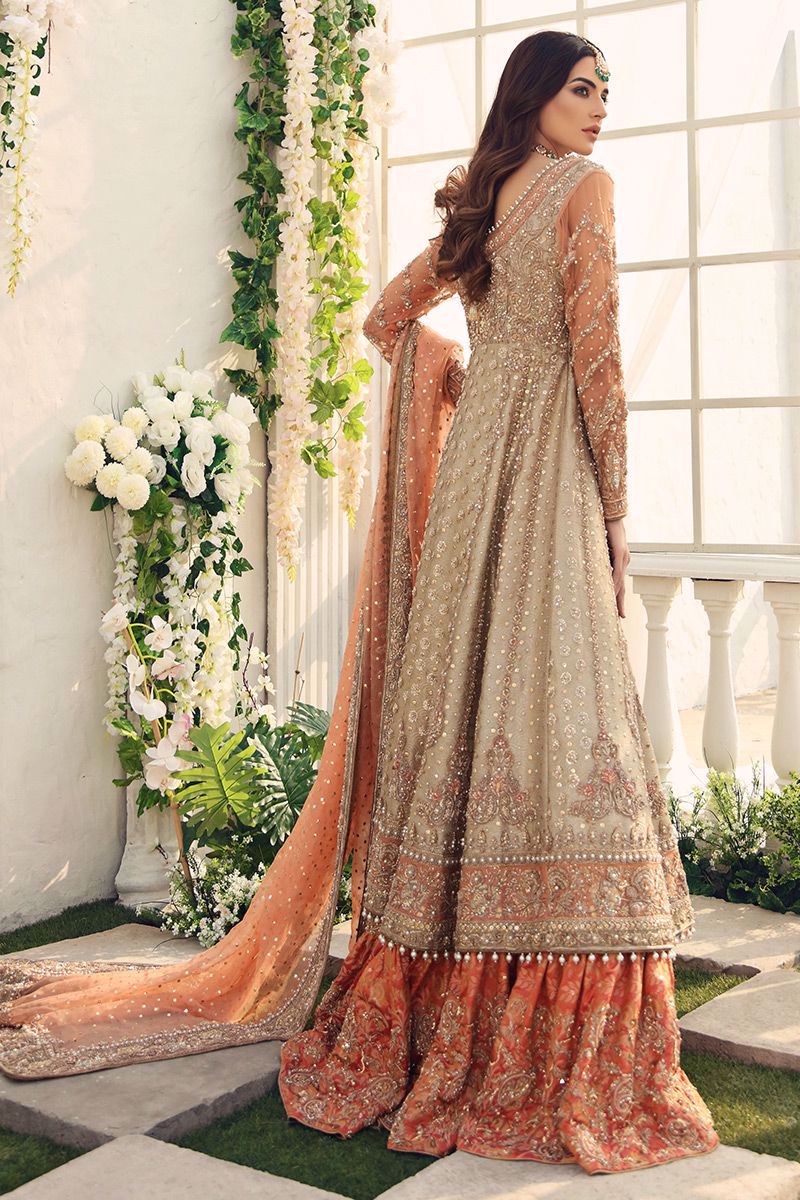 Nazneen- Designer Tissue gown paired with peach and green lehenga
