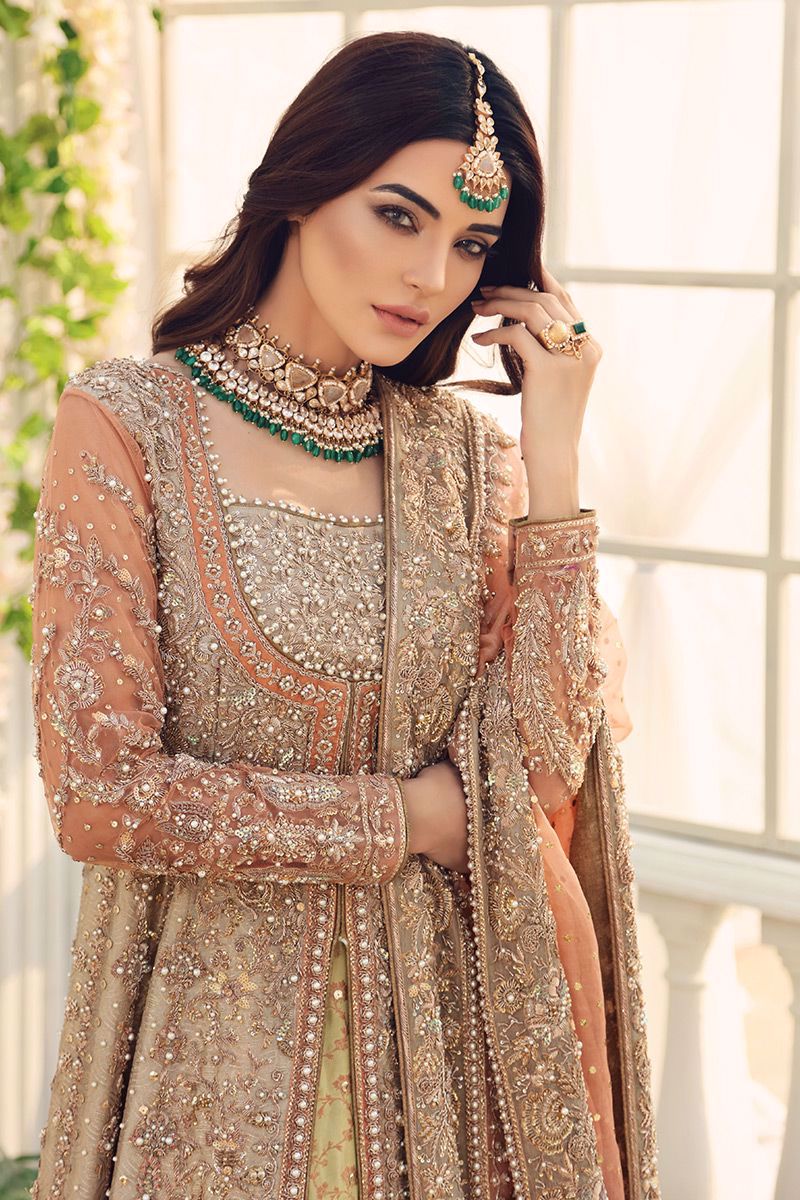 Nazneen- Designer Tissue gown paired with peach and green lehenga