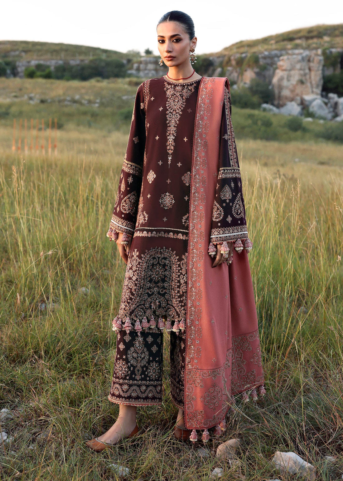 Nazneen Hussain Rehar plum embroidered khaddar stitched suit with peach wool shawl at Pakistanimoda.