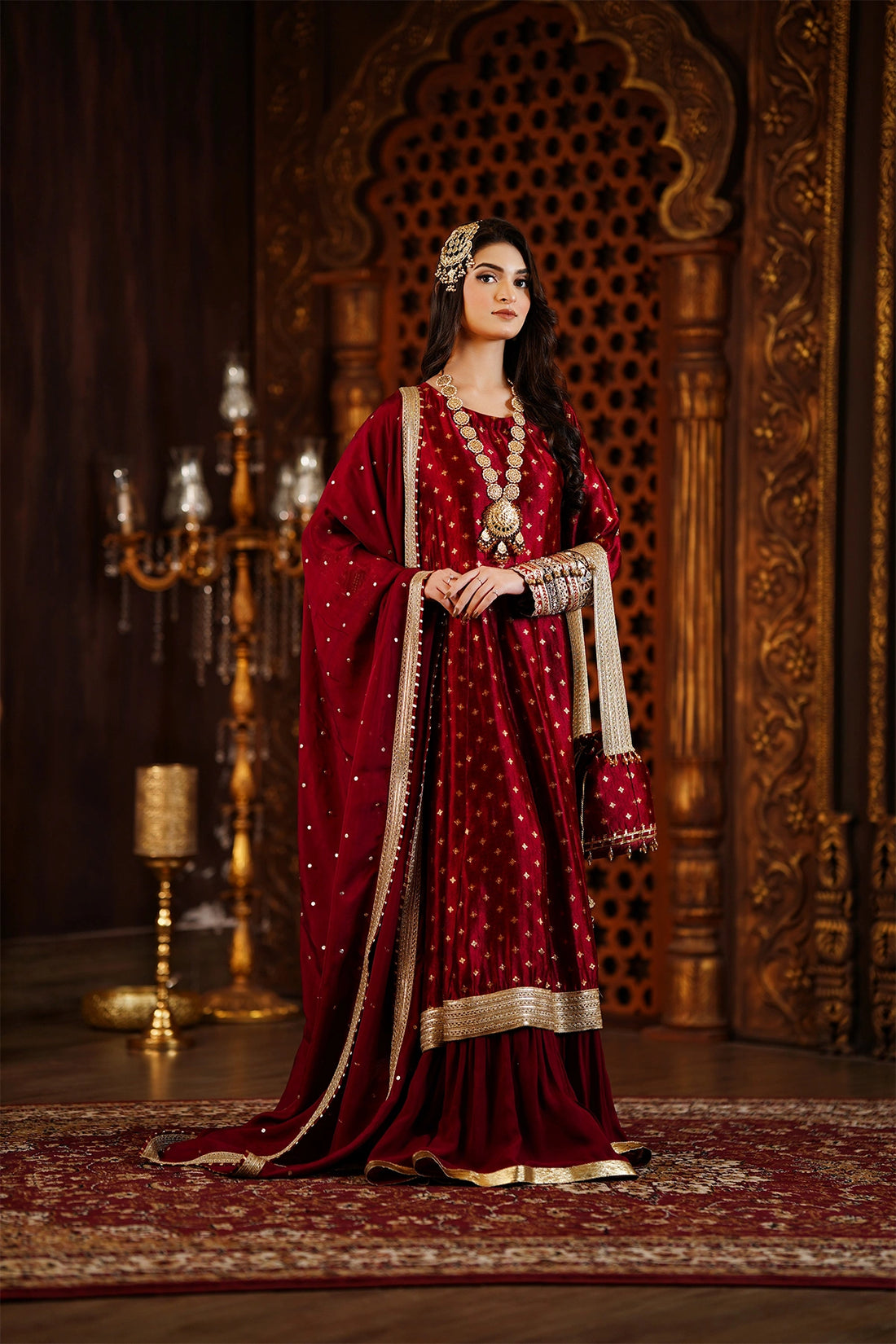Nazneen maroon sheesha silk wedding Anarkali with palazzo bottom and silk dupatta