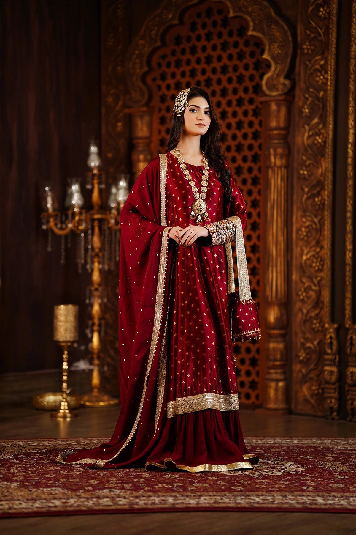Nazneen maroon sheesha silk wedding Anarkali with palazzo bottom and silk dupatta