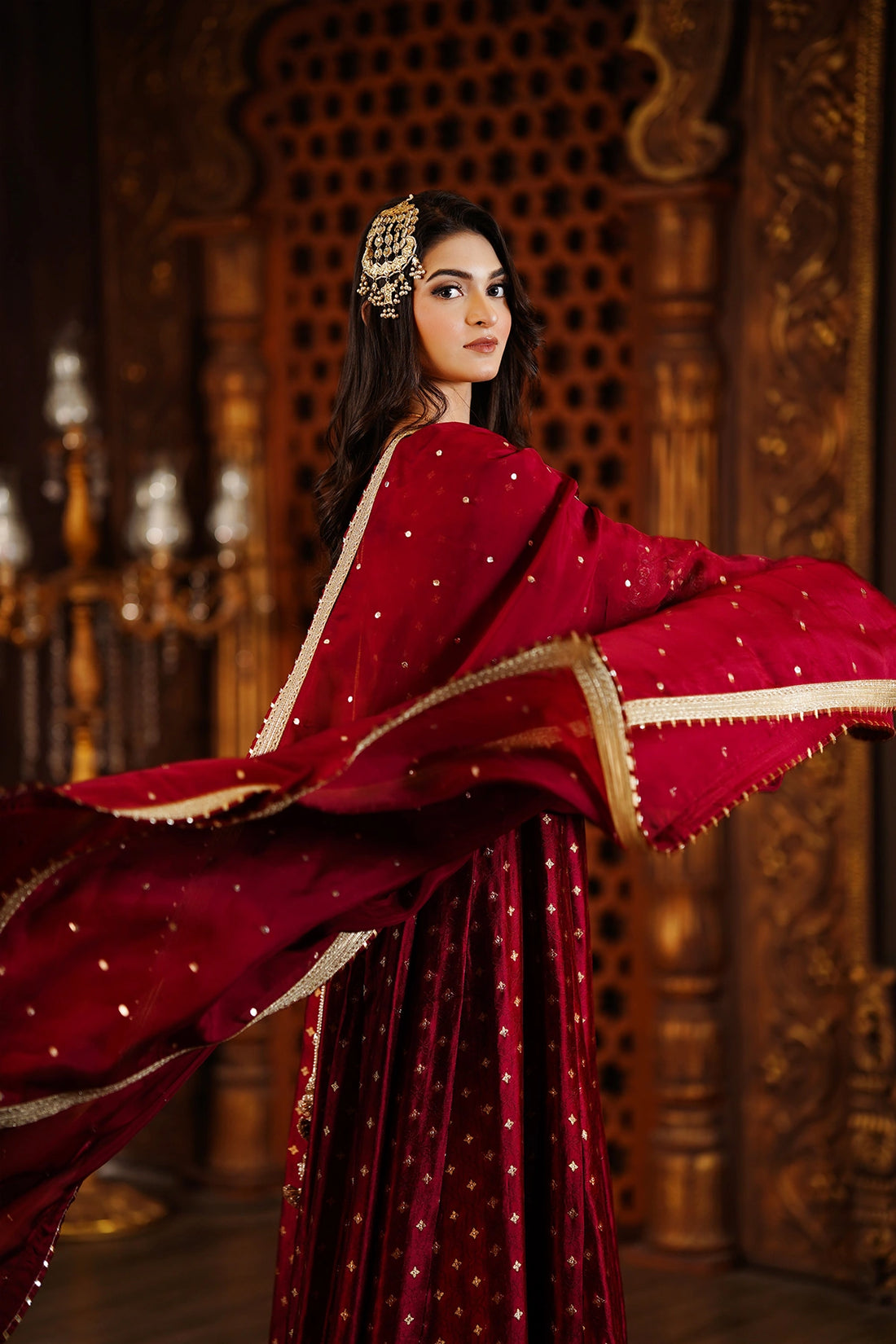Nazneen maroon sheesha silk wedding Anarkali with palazzo bottom and silk dupatta