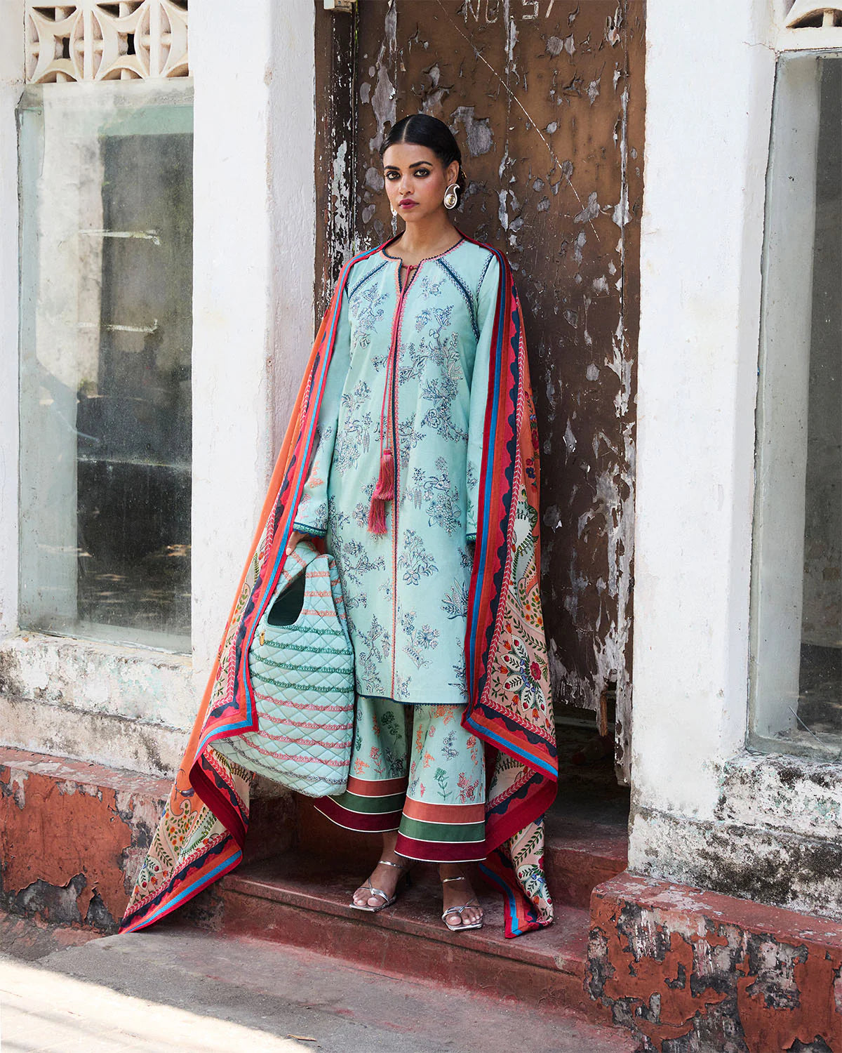 Neelum- Ice Blue Embroidered Ensemble By- Hussain Rehar 1