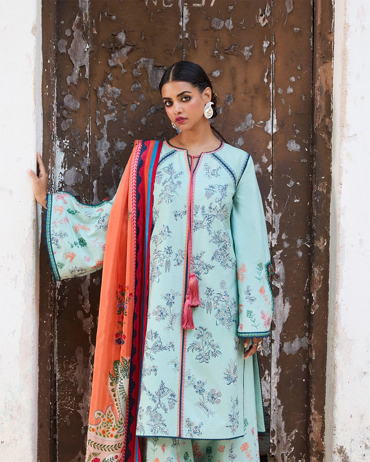 Neelum- Ice Blue Embroidered Ensemble By- Hussain Rehar 1