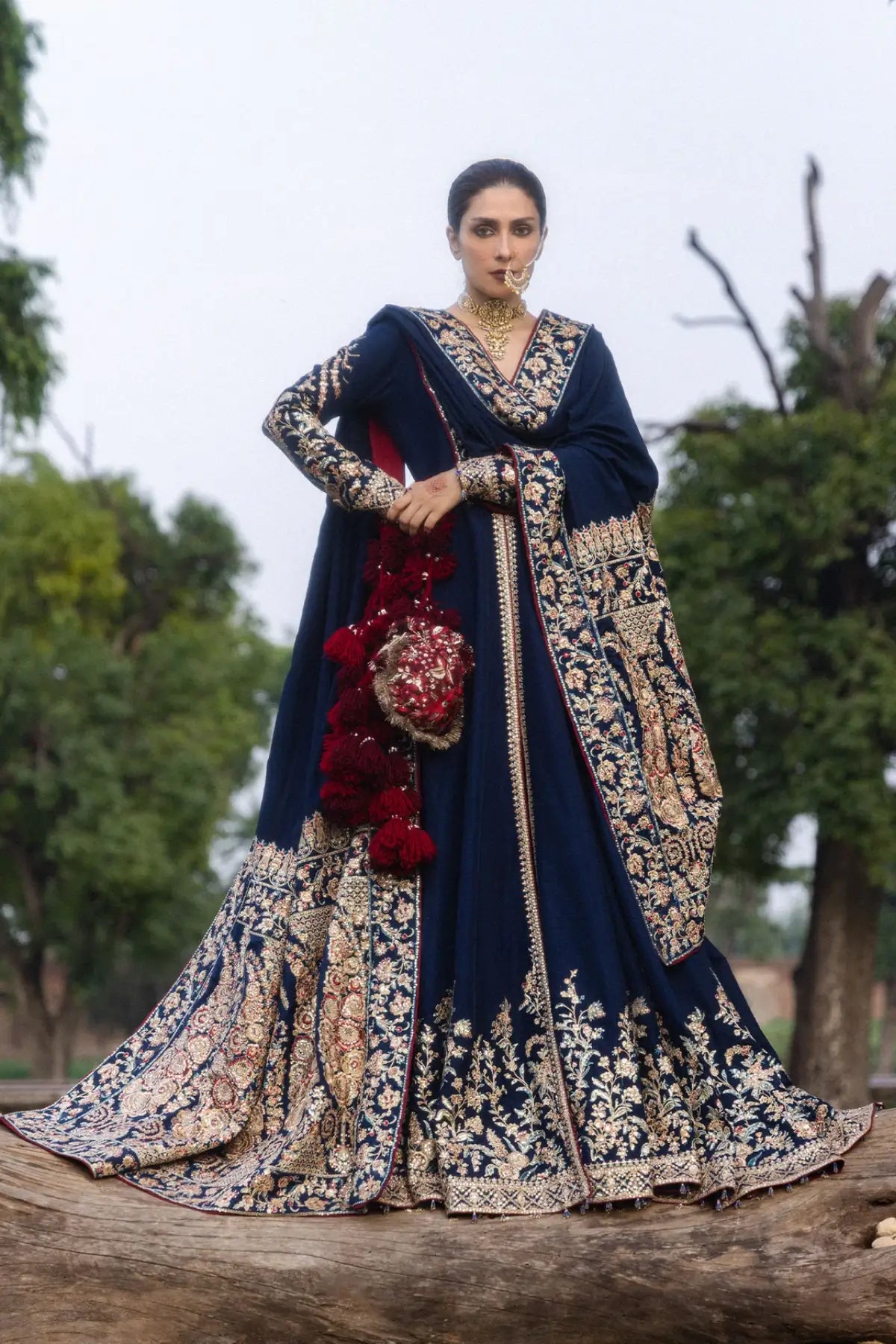 Neelum Hussain Rehar midnight blue stitched Peshwas with embroidered Korean raw silk shawl