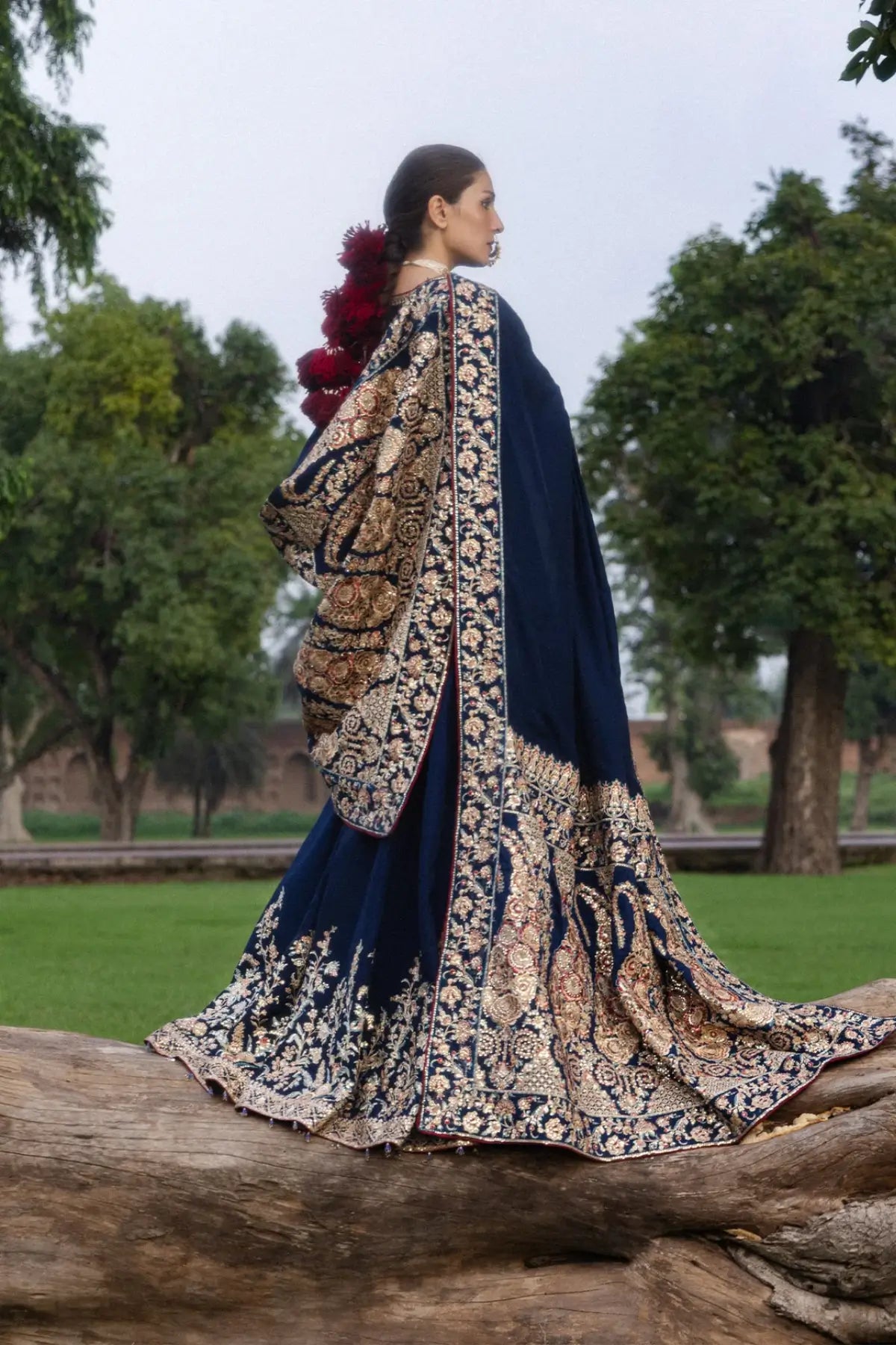 Neelum Hussain Rehar midnight blue stitched Peshwas with embroidered Korean raw silk shawl