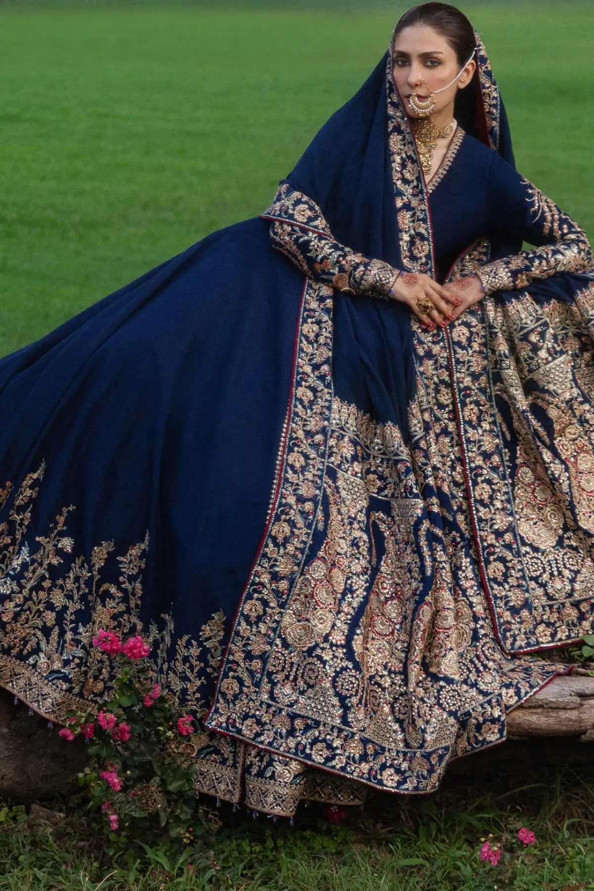 Neelum Hussain Rehar midnight blue stitched Peshwas with embroidered Korean raw silk shawl
