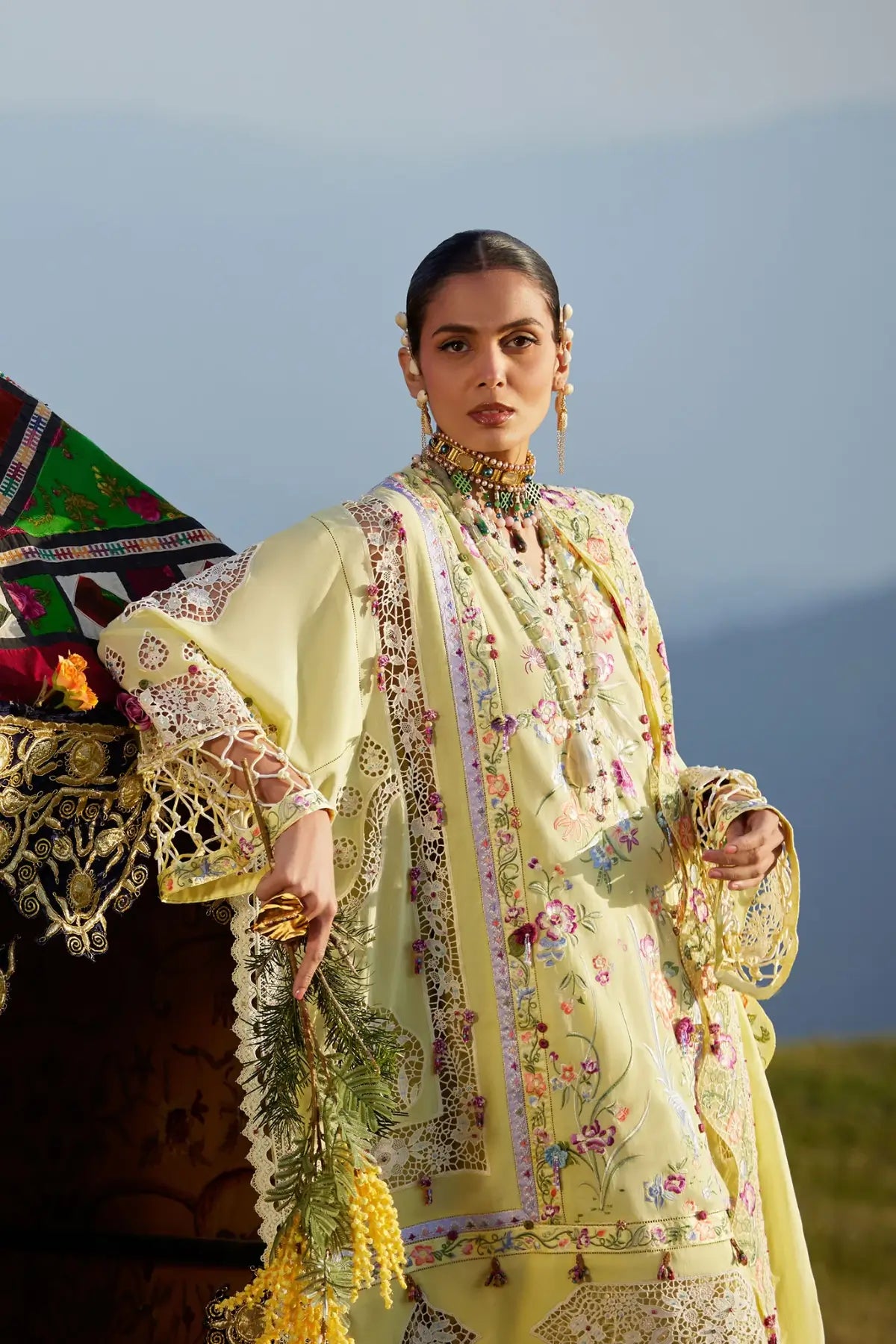 Neelune EL26-05 A lemon yellow Élan Lawn'26 stitched 3PC suit with voile dupatta
