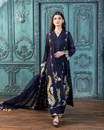 Nekhat navy blue embroidered Pakistani suit by MariamRaj also at Pakistanimoda