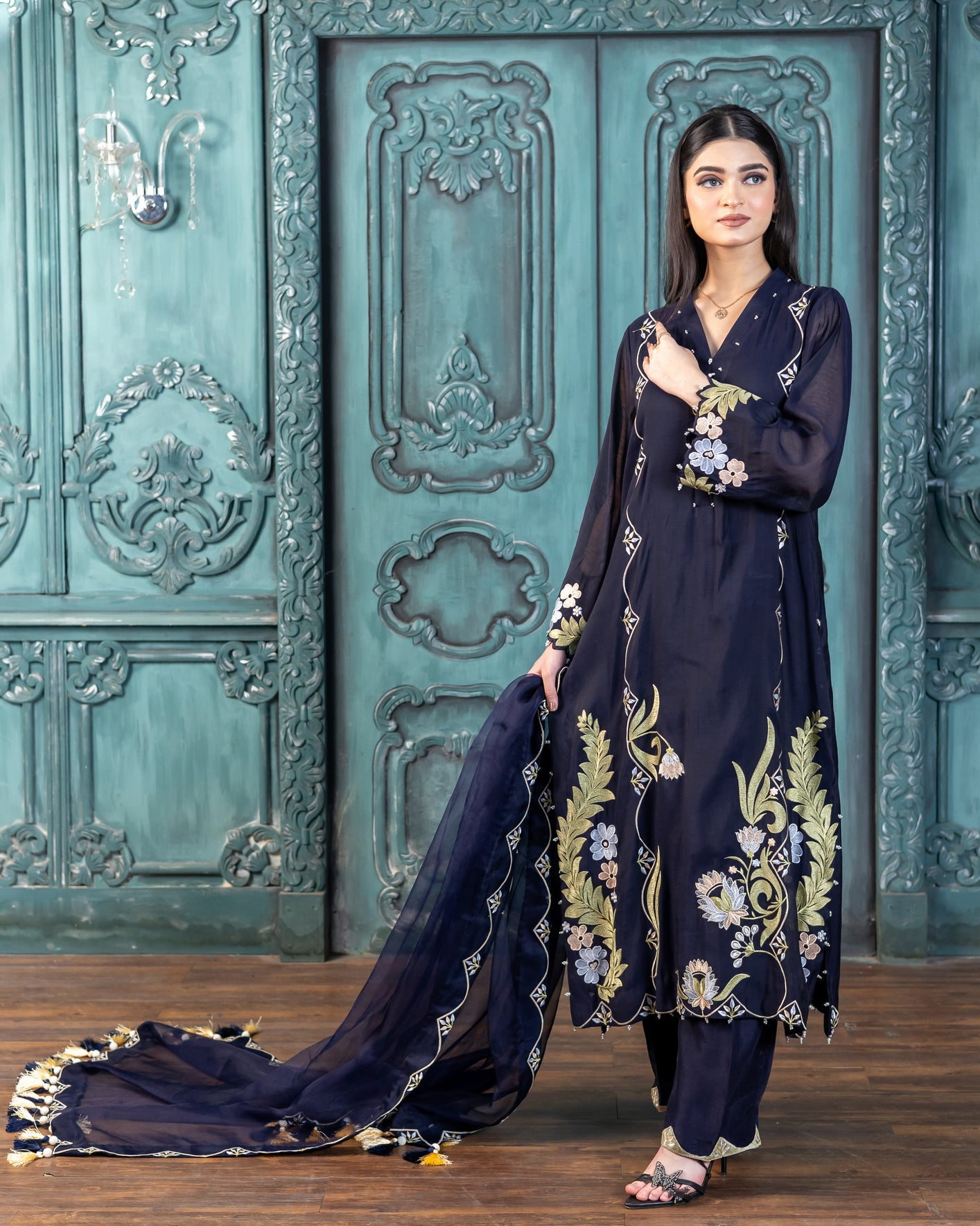Nekhat navy blue embroidered Pakistani suit by MariamRaj also at Pakistanimoda