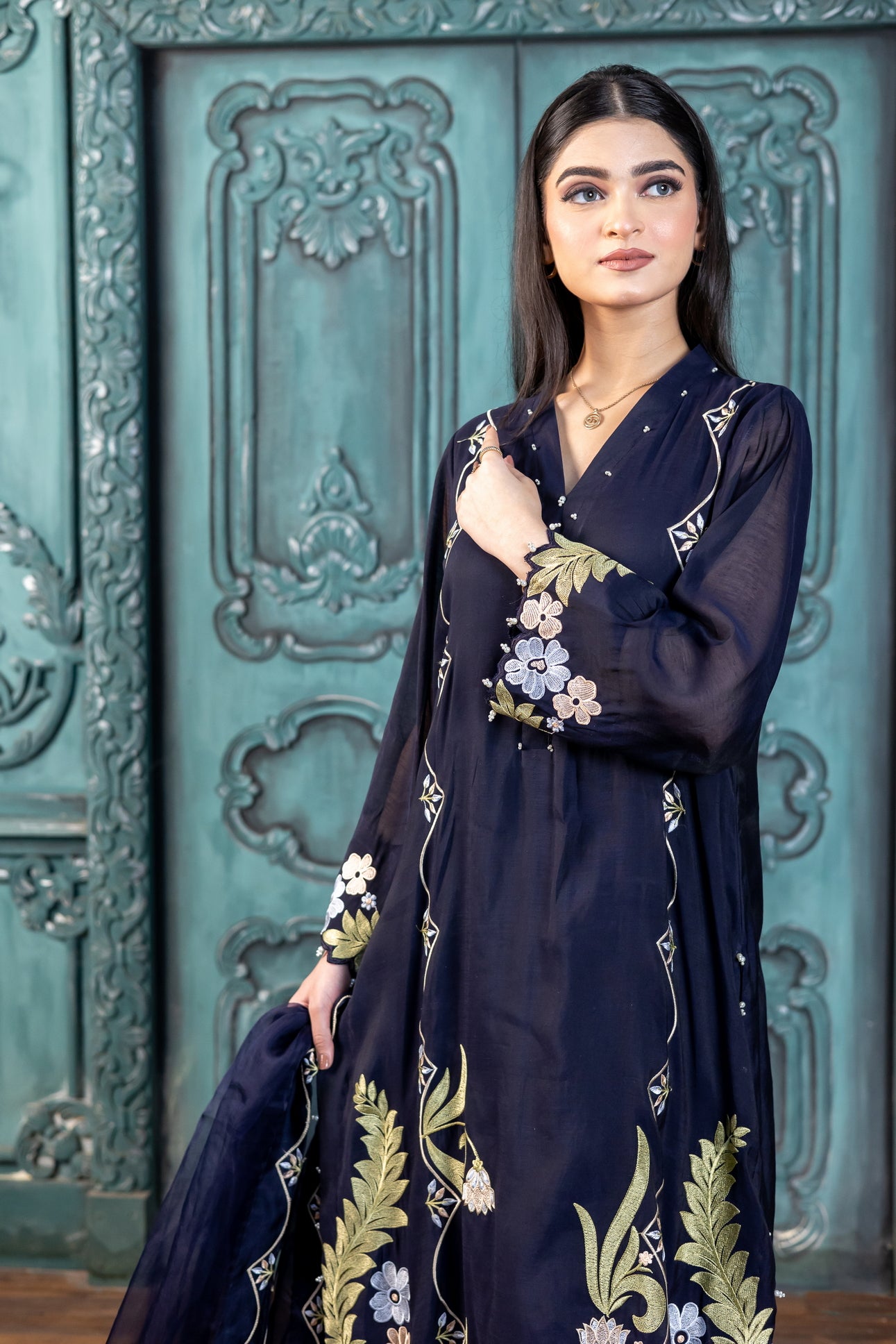 Nekhat navy blue embroidered Pakistani suit by MariamRaj also at Pakistanimoda