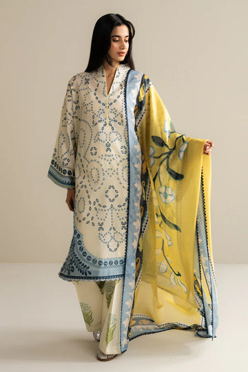 Ivory lawn shirt with blue print and silk dupatta – Nelea-2A