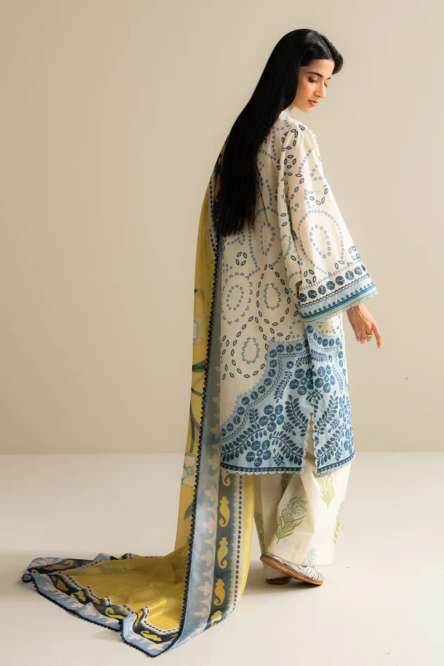 Ivory lawn shirt with blue print and silk dupatta – Nelea-2A