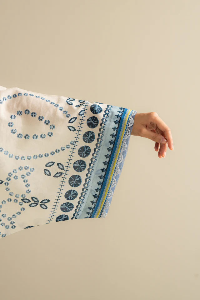 Ivory lawn shirt with blue print and silk dupatta – Nelea-2A