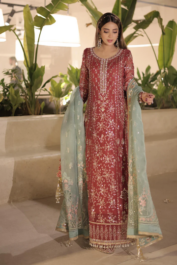 Neriha- Rust organza kurta with intricate resham and tilla embroidery By- Saad Bin Shahzad