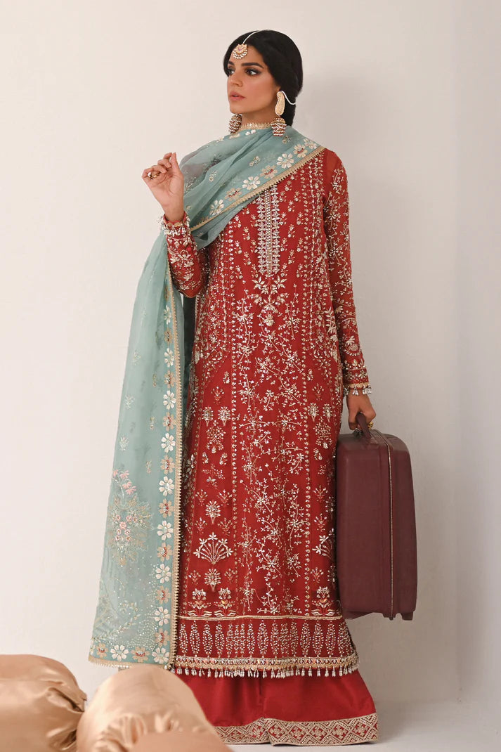 Neriha- Rust organza kurta with intricate resham and tilla embroidery By- Saad Bin Shahzad