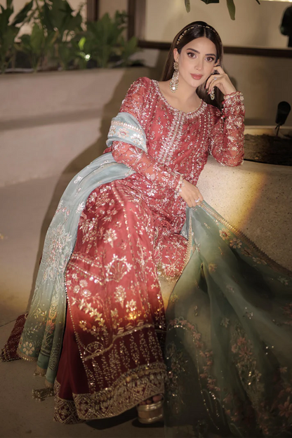 Neriha- Rust organza kurta with intricate resham and tilla embroidery By- Saad Bin Shahzad