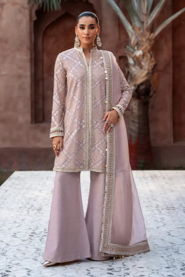 Nermin clay beige embroidered chiffon short kurta with palazzo and organza
