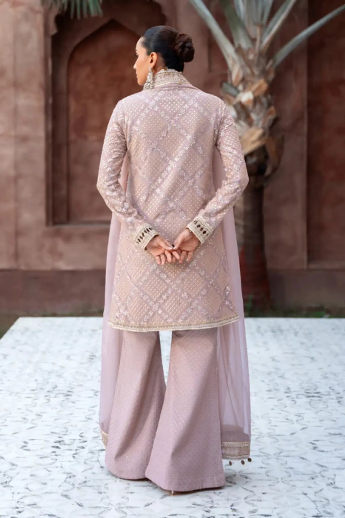Nermin clay beige embroidered chiffon short kurta with palazzo and organza