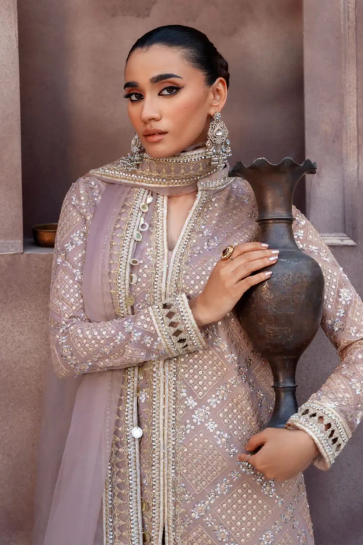 Nermin clay beige embroidered chiffon short kurta with palazzo and organza
