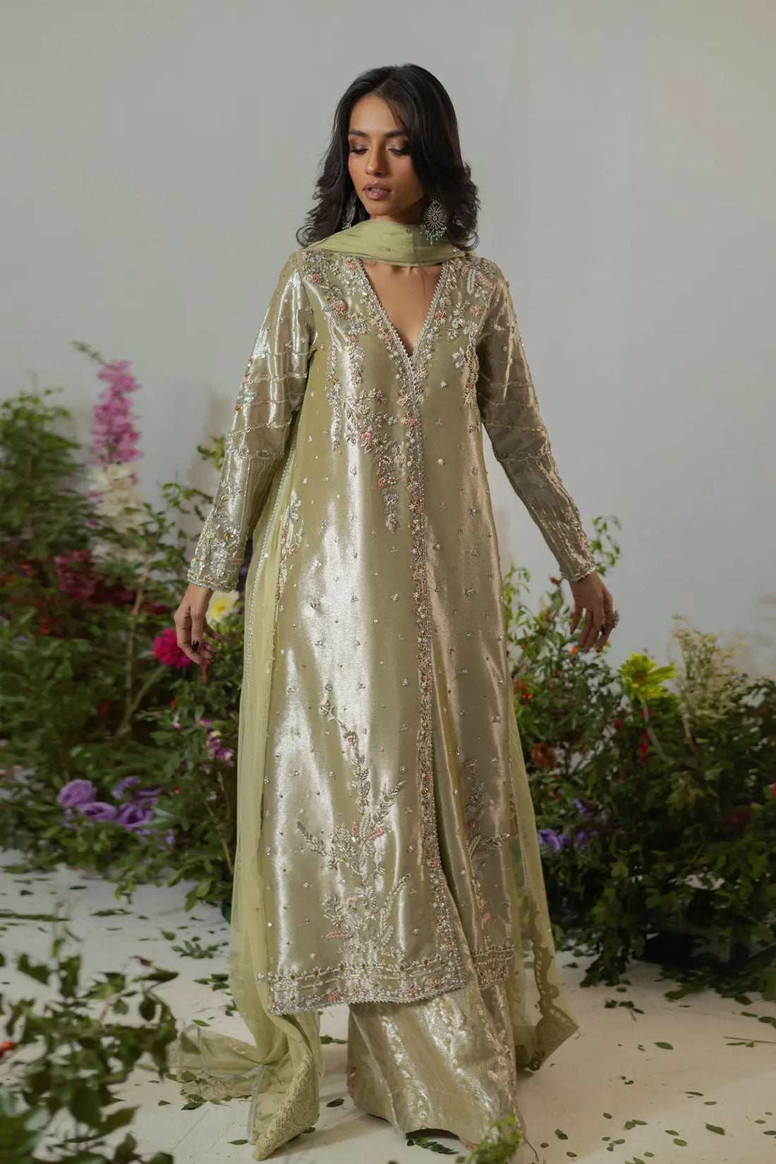 Nesha olive gold lamé Angharka formal wear with flared pants and net dupatta Pakistani outfit Canada