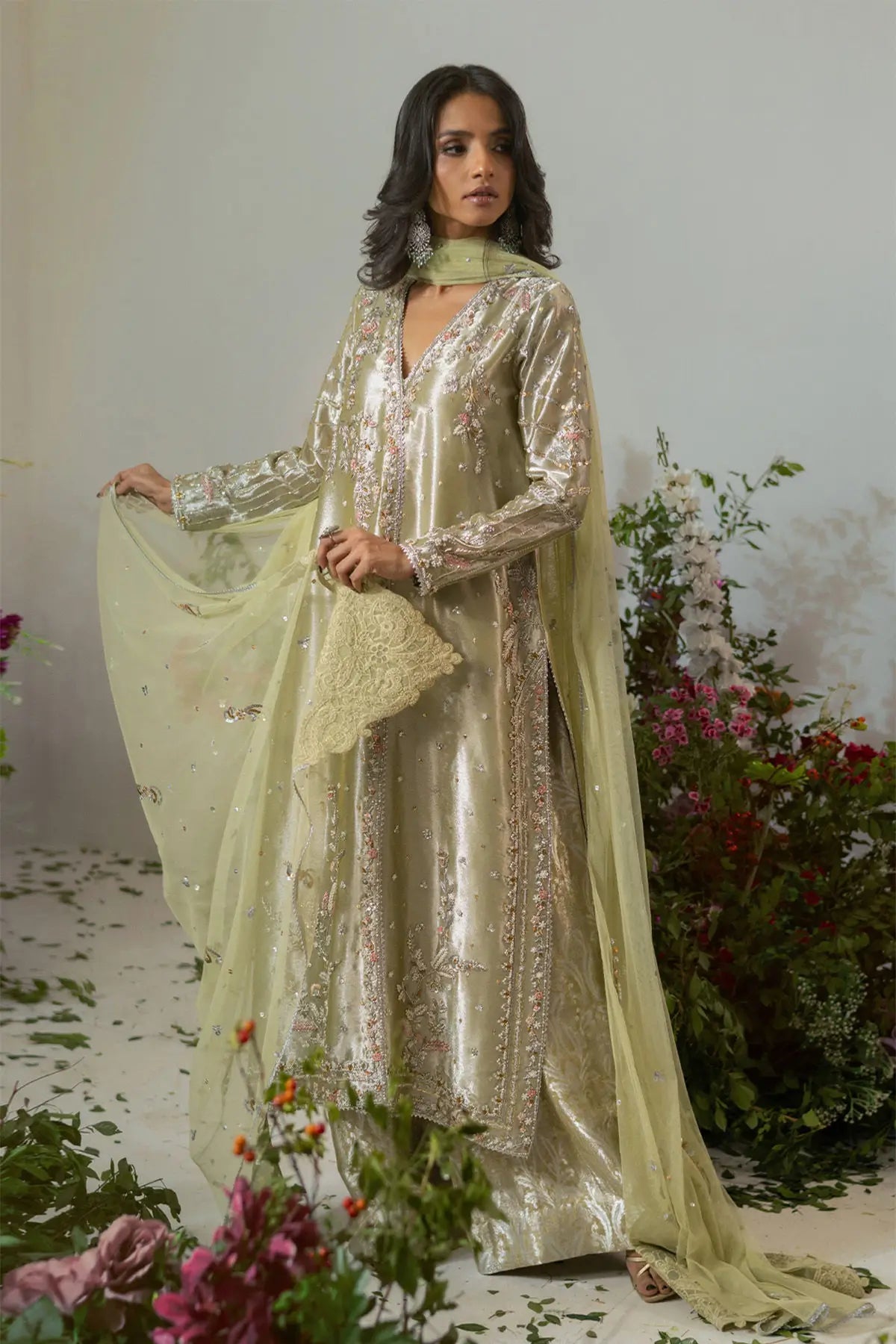 Nesha olive gold lamé Angharka formal wear with flared pants and net dupatta Pakistani outfit Canada