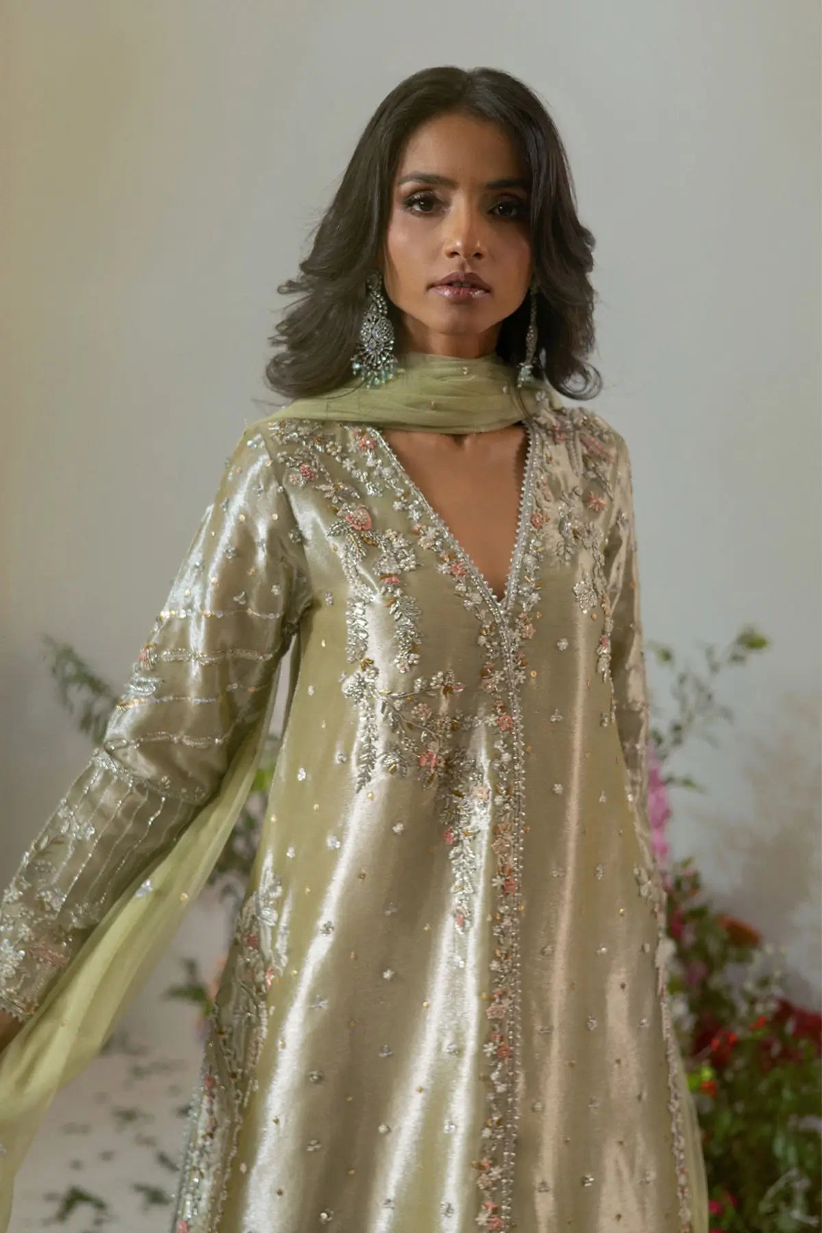 Nesha olive gold lamé Angharka formal wear with flared pants and net dupatta Pakistani outfit Canada