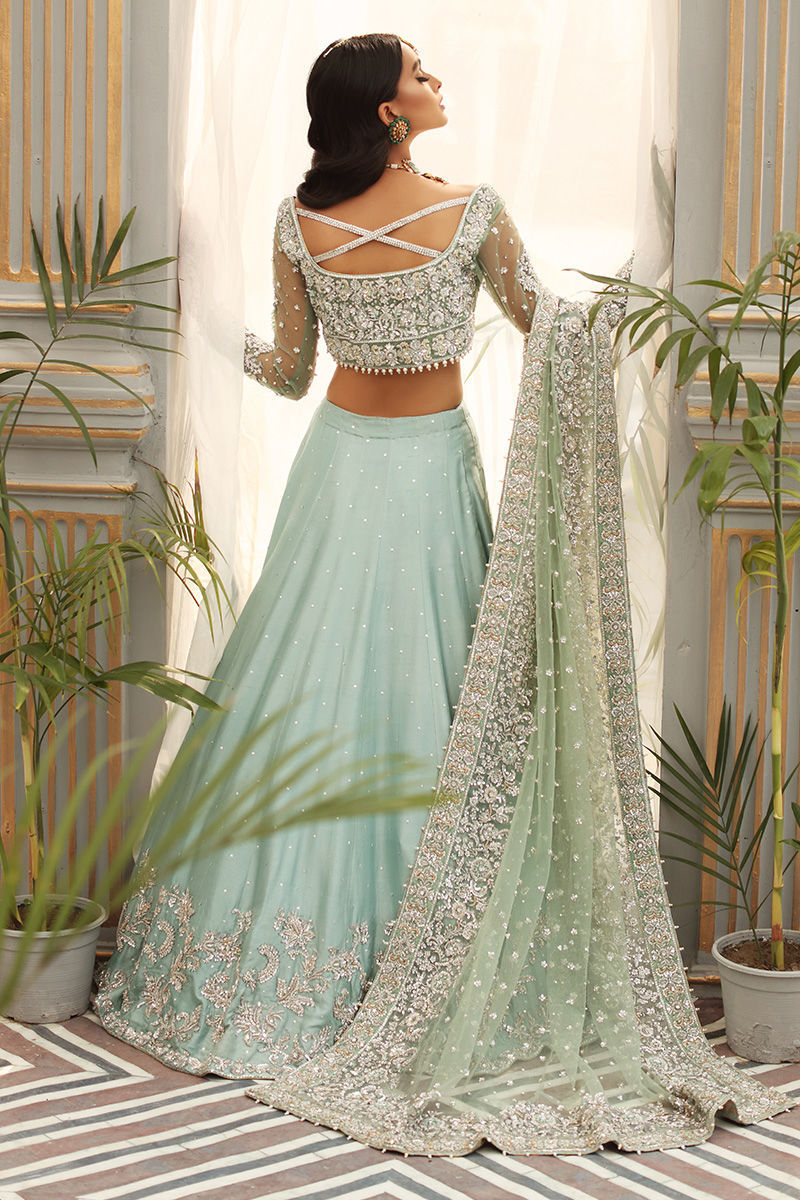 Neva-Aqua Net Blouse with Raw Silk Lehenga for Bridal Look